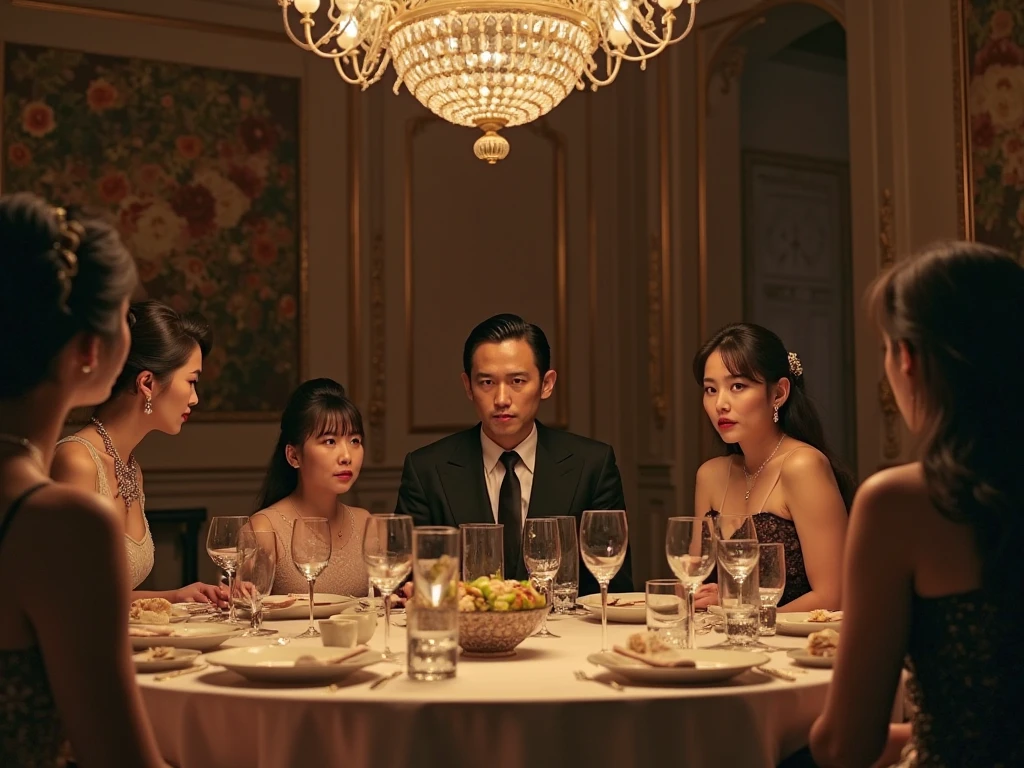 A group of gentlemen in silloette with their backs to the viewer watching woman on a table. (the woman is half-asian, asian-european, with black wavy hair). The anonymous gentlemen are smoking, layers of smoke are visible in the dimly lit victorian parlour. The victorian parlour is lavishly decorated with sumptuous furnishings like a royal manor.