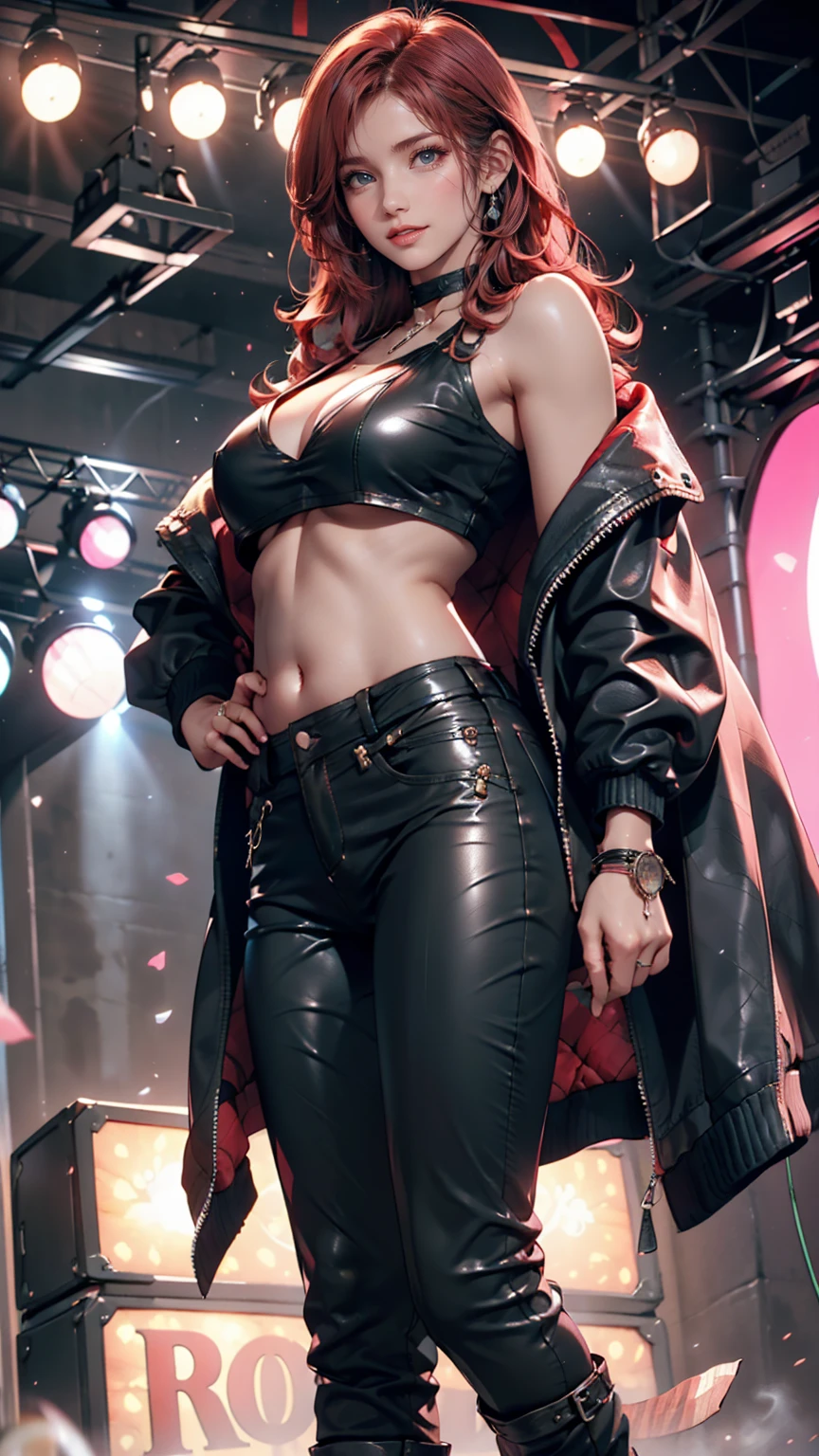 the girl lead singer of a heavy metal band, live show, in a sexy bikini, orange hair, big breasts, punk rock belt, black leather pants, lit stage and fireworks.