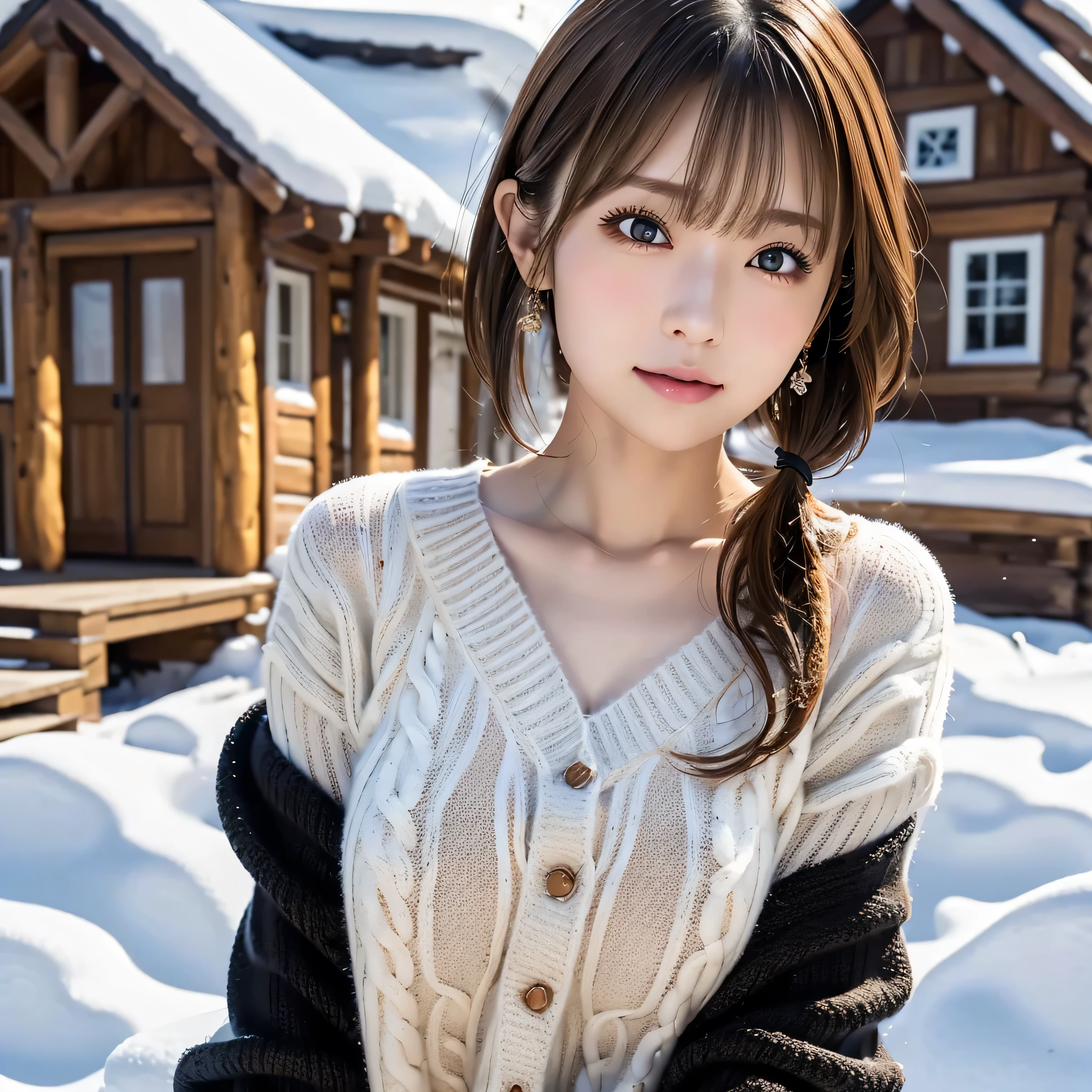 (table top:1.4, Photorealistic:1.4, 8k), Highest quality, masterpiece, Ultra High Definition, perfect dynamic composition, ((light brown hair:1.4、short hair right side ponytail))、high-definition skin and facial textures:1.3, limb details below, (( totally captivates you :0.9)), (Chest, big breasts), (beautiful eyes, black eyes , look towards the photo:0.85), sexy face:0.4, (closed her mouth、 small mouth、Thick lips、eyes that make you feel beautiful eroticism:0.85), (( Too Cute Beauty :0.9)),(('s full body)),((snowy mountain cottage background)),((Black in a sweater))1 girl, solo,