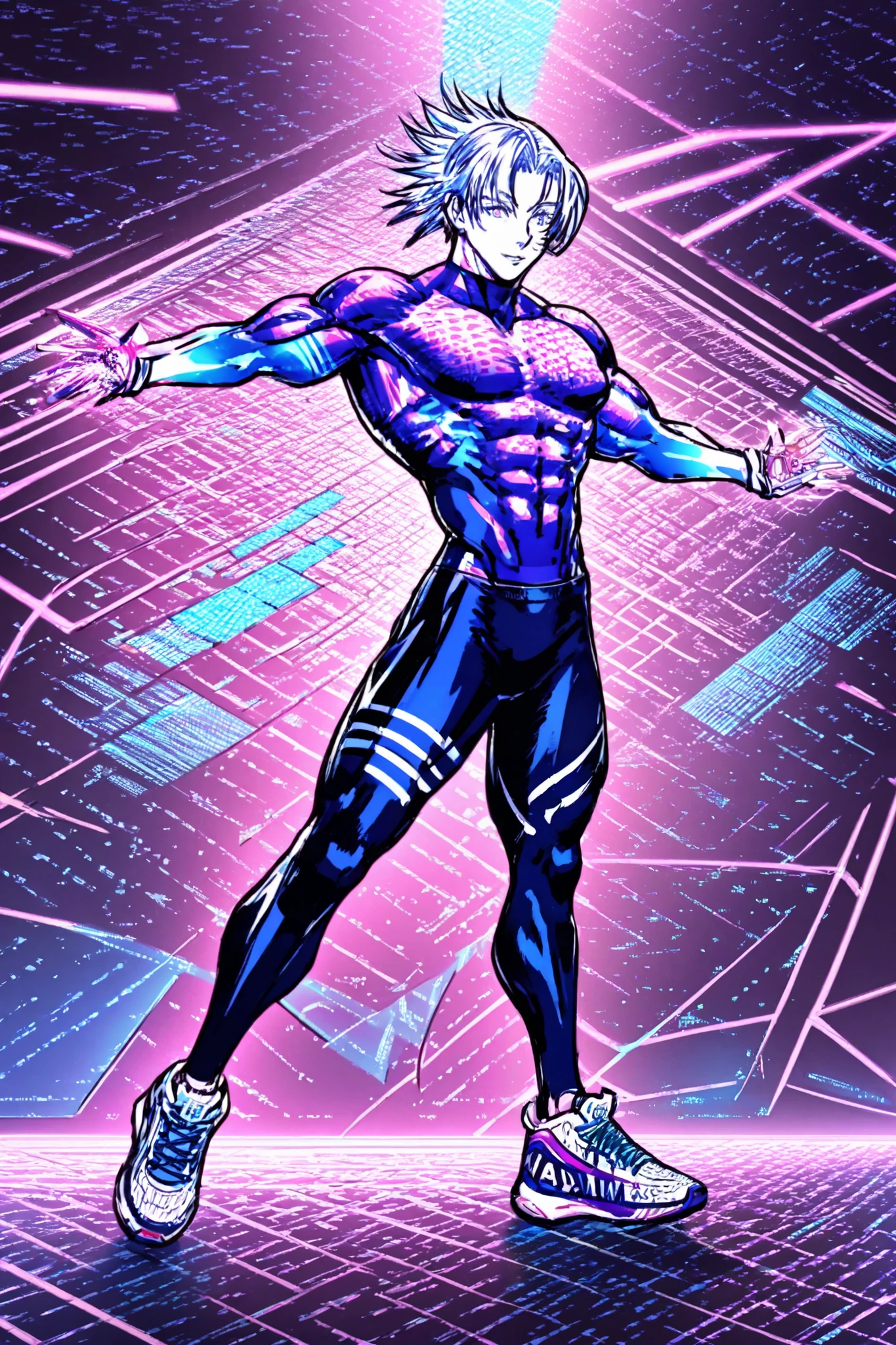 Physical details:
hair: Styled in a geometric structure, with perfectly symmetrical lines, as if it were artificially designed. It is a metallic color (silver with blue and purple reflections) and appear to reflect neon lights depending on the angle.
eyes: Her irises have a pattern of concentric waves, like a digital equalizer. They change color depending on your mood or use your.
fur: Tonality pale with a faint synthetic sheen, as if it were covered by a layer of bio-metallic material. Under the skin , sometimes you can see small pulses of light moving as if they were liquid circuits.
Body: athletic and well-defined , with marked but stylized muscles , closer to a futuristic bodybuilder than to a traditional warrior. His posture is confident , with wide and exaggerated movements.
---
Clothing (retro-futurista & Street Gym)
Short bomber jacket, with padded shoulder pads and metallic details on the arms. Made of a synthetic material that reflects neon lights. On the back it has a holographic design that flickers with symbols and patterns reminiscent of digital equalizers.
Compression sports top, black with bright lines that react to your pulse. Fits your torso, showing his worked physique .
TIGHT sports pants bulk, with lines that run through your body in asymmetric patterns. The material seems to expand and contract according to your movements.
Gloves with reinforced knuckles, with tactile sensors and small display panels that show data in real time.
High performance sneakers, with translucent soles that vibrate slightly with each step, as if amplifying kinetic energy.