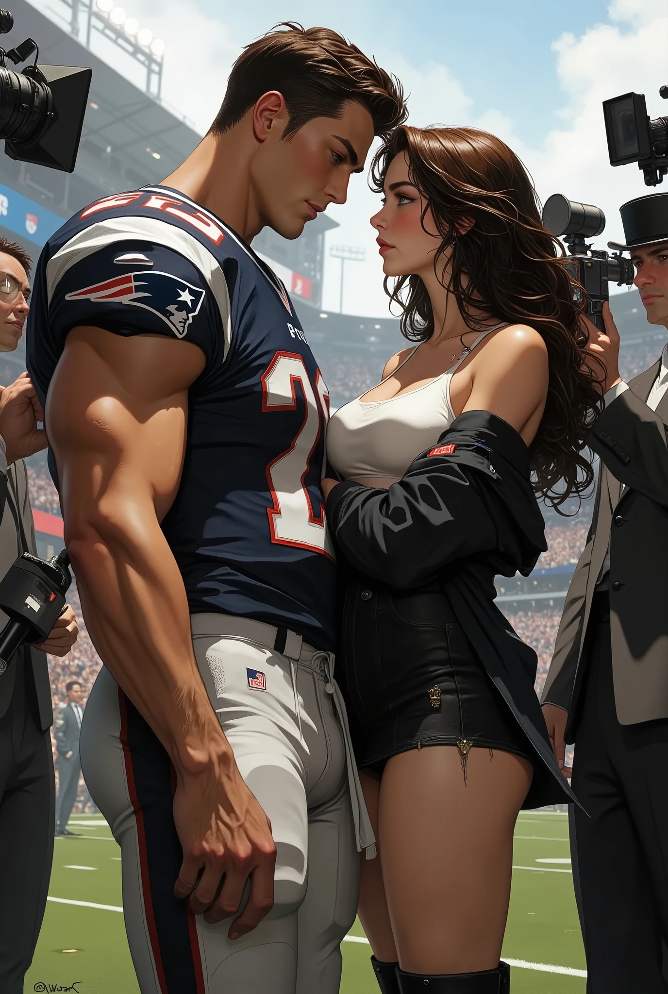 A couple, 28 year old man, he is 6'2" tall, tan skin, brown hair and green eyes, strong defined jaw, he wears a dark blue and white football outfit with the name patriots and the number 22 he holds a football in one hand, he is with his body sideways looking at a girl below him, she is 23 years old she is 5'7" tall she has long dark curly hair, green eyes and fair skin she looks at him with her arms crossed sulking, she wears a white tank top and a black jean jacket and a black mini skirt and black boots. the background is an American football field with several reporters with cameras and microphones around them.