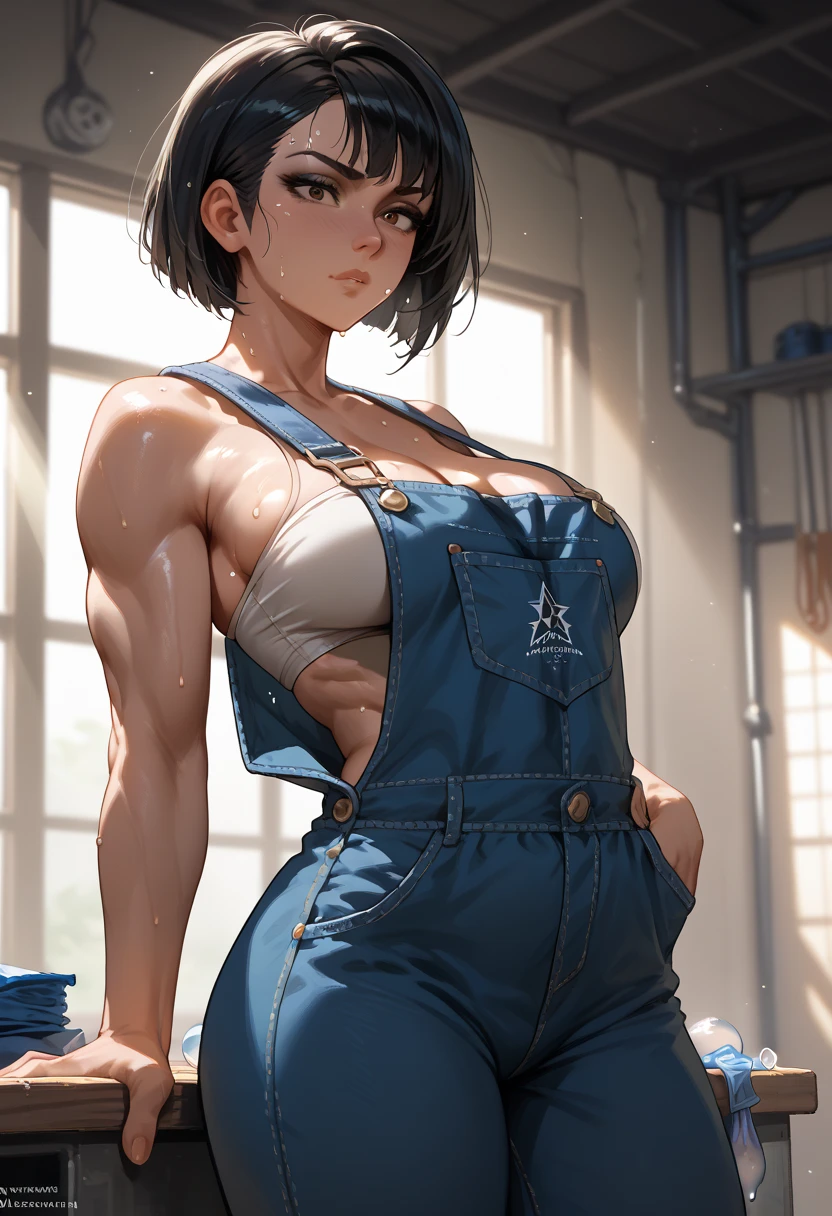 (masterpiece, best quality:1.2), extremely detailed, detailed hair, intricate details, finely detailed, soft lighting, volumetric lighting, 1girl, solo, mature female, looking at viewer, sitting, knee up, hand on own hip, muscular, muscular female, large breasts, thick thighs, denim, overalls, overall shorts, hair slicked back, , grey hair, split ponytail ,wavy hair, lips, indoors, sunset, <lora:mscV1.5LOL:1>