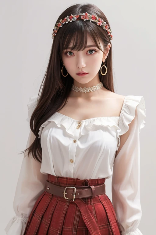 best qulity, The Masterpiece, ultra-highres, (lifelike:1.4), OriginalPhotographs, 1girl, ((White lace hip skirt)), ((largebreasts)), cold light,Borderless eyes