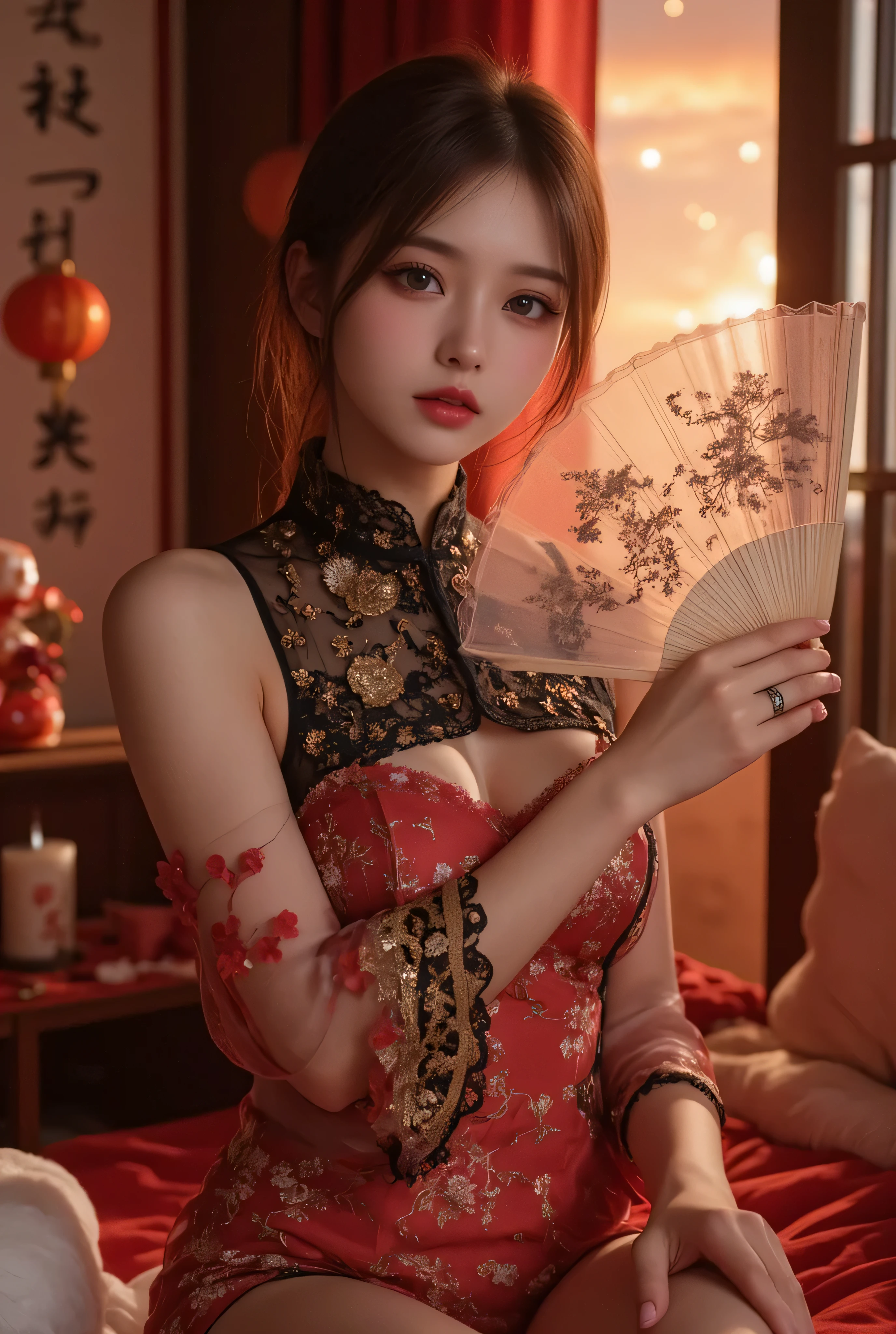 Cat ears、 face up, attractive, pretty girl, ponytail、 (( fine facial features , eroticism)), dramatic lighting , realistic , 8k, Dramatic Shadows , intricate and elaborate patterns , super detailed photo , chiaroscuro lighting , Pleasant colors , deep contrast , super real 、 pink lipstick、 warm room、Vintage Fireplace 、 cinematic composition、Close-up of face, pretty half part transparent open shoulder loose outfits dress, tang style, A beautiful Korean idol wearing a one piece red- black tightly cheongsam with phoenix and intricate floral golden embroidery, golden and silver outline on dress, hand hold pink feathers transparent Chinese fan with golden ink painting of bird and tree , standing gracefully in a room filled with traditional Chinese New Year decorations. The room features vibrant red lanterns, decorative calligraphy scrolls, a small Chinese orange tree with golden ornaments, and several red envelopes scattered across the floor and hanging from the tree. Adorable, playful cats are part of the scene—some sitting near the tree, others curiously pawing at the red envelopes or lounging around. Through a window or an open door in the background, vibrant Chinese fireworks light up the night sky in an array of reds, golds, and blues, casting a magical glow into the room. The idol’s outfit is paired with subtle accessories like red hairpins or earrings, complementing the festive look. The atmosphere is warm and lively, filled with the joyful essence of the celebration, enhanced by the shimmering lights of the fireworks and the lively decor.