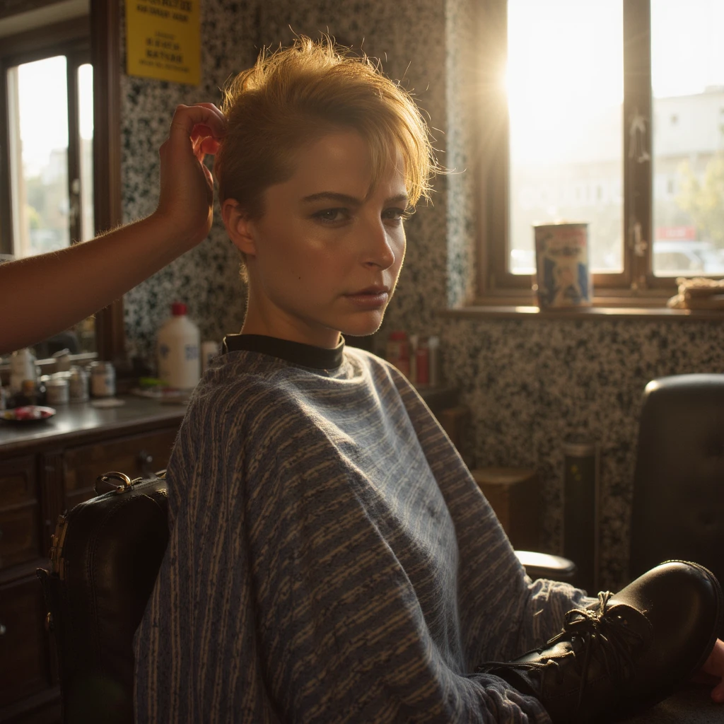 An image of a woman named st3v13 with a serious expression that looks like a scene from a movie. The classic barbershop is lit by the late afternoon sun streaming in through a large shop window. She's draped in a pinstriped barber cape, her hair freshly cut. Her black boots can be seen sticking out from the bottom of the cape, lying on the metal footrest She has a very short blond pixie cut, a radical new look for her. Her hand is lifted to her head, her fingers touching her shorn hair, feeling the foreign feeling of her new short haircut.