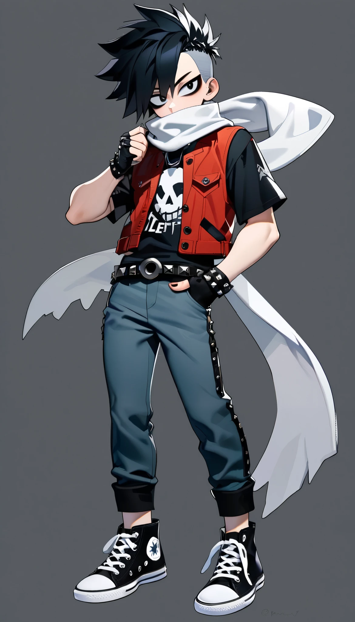 (My Hero Academia Style), (High Quality), 1boy, Young male, (Anthro), Emo hairstyle with left side bangs, black eyes, emo makeup, black hair, trimmed on the sides and back, White scarf with black around his neck, red denim vest, black t-shirt with metal band logo, Pale blue-grey jeans with folded sides, black studded belt, black studded fingerless gloves, Classic black and white converse sneakers, apathetic look, looking at the viewer, Perfect anatomy, perfect hands, perfect face, super detailed, simple background, (Full body photo:1.5),
