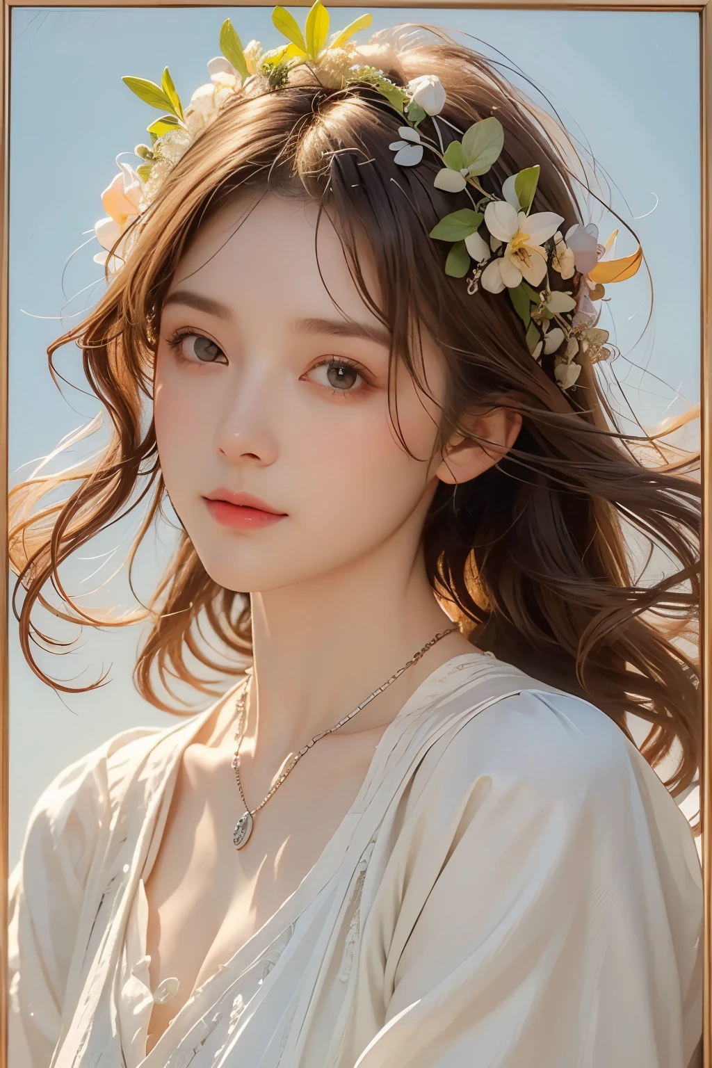 (detailed oil painting of a beautiful woman), rough touch, focus on face, (small smile with calm and gentle expression), ((silver-grey almost straight medium-long hair!)), ((close-up)), shiny skin, glossy lips, ((casual light pastel high-neck winter sweater and spring coat)), (winter outfit), (smart figure), small necklace, striking portrait, use of contour, clean line drawing, fine details, intricate details, bright primary colors used partially as accents, floral frame, Art Nouveau frame, Art Nouveau decoration, floral decorative panel, fine and intricate details, (Alphonse Mucha compositional style), muted colors, impressionist style, stress-free mixed media masterpiece, amazing!, beautiful!,