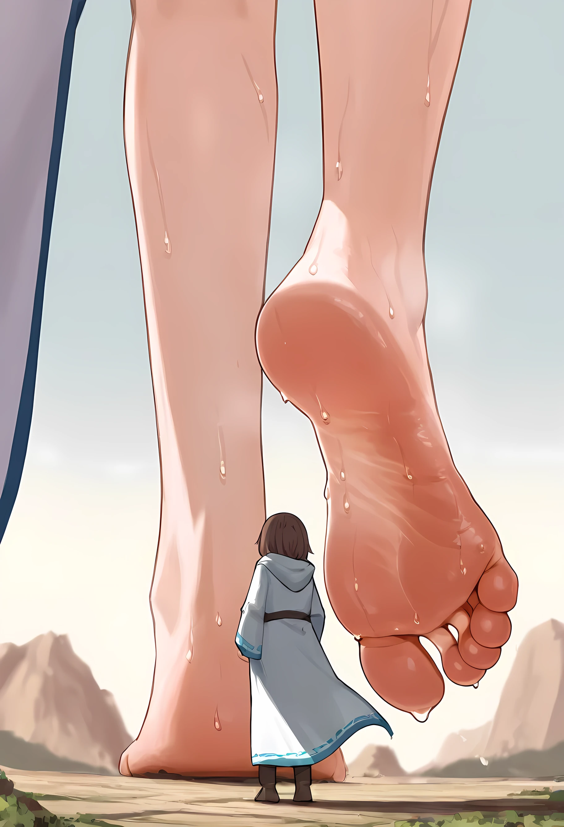 (macro size: 1.1), (describe image of a giant girls foot in front of an adventurer, most out of frame: 1.1), an adventurer on a path looking at a closeup foot, simple background, (2girls: 1.1) (height difference), robes, (a super closeup of a gigantic foot, most out of frame: 1.1), sweat, side view