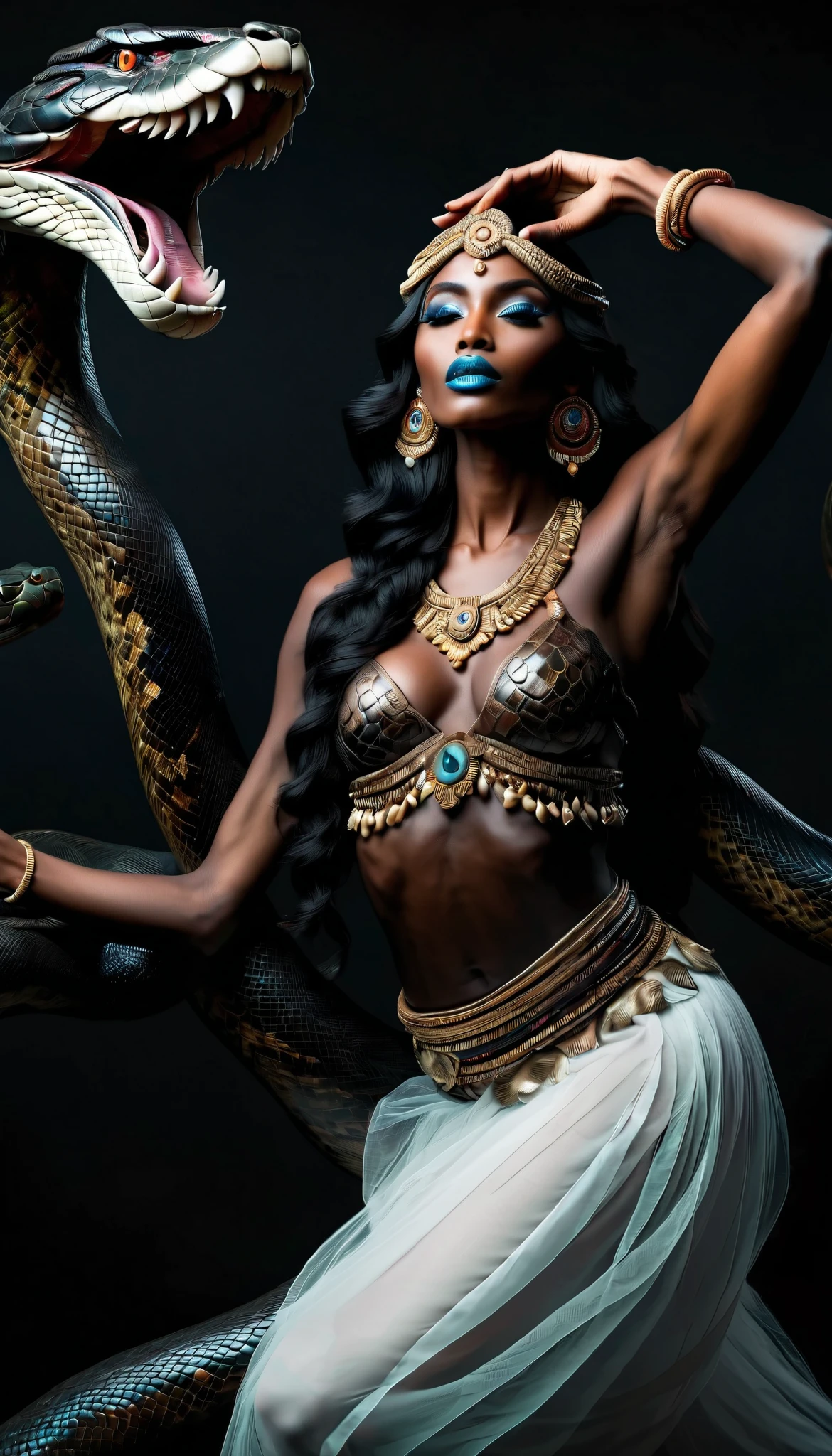 high quality professional portrait photography,Elegant and delicate,Happy dancing angel and giant python，Indian style,full body,divine white face,devilish black body,Dynamic dance,high dynamic black and white, Super Realistic ,4k HD,Professional level, rich in details,real photo post-production,HDR,Extreme Details,Professional presentation,Vivid and eye-catching