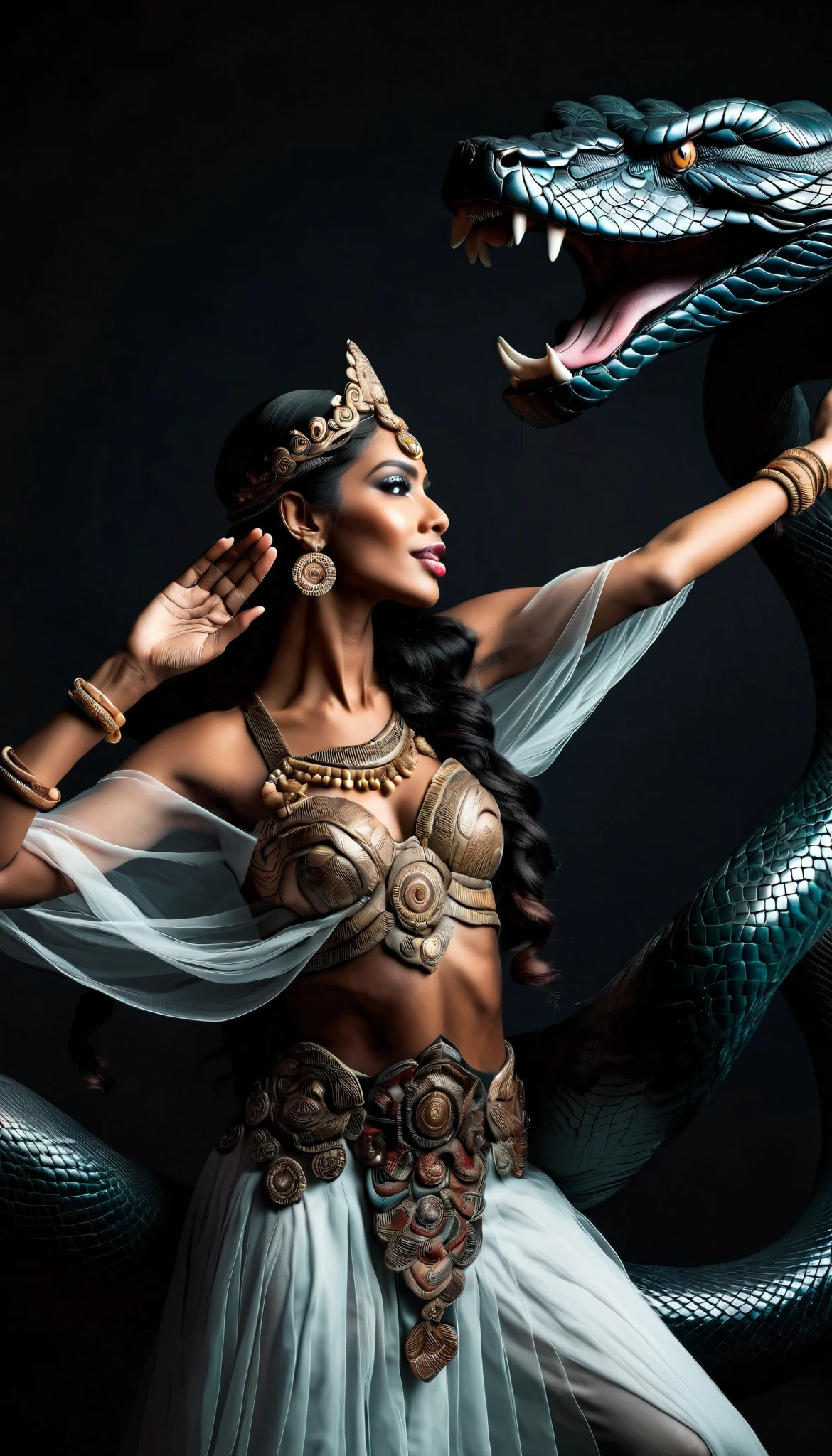 high quality professional portrait photography,Elegant and delicate,Happy dancing angel and giant python,Indian style,full body,divine white face,devilish black body,Dynamic dance,high dynamic black and white, Super Realistic ,4k HD,Professional level, rich in details,real photo post-production,HDR,Extreme Details,Professional presentation,Vivid and eye-catching