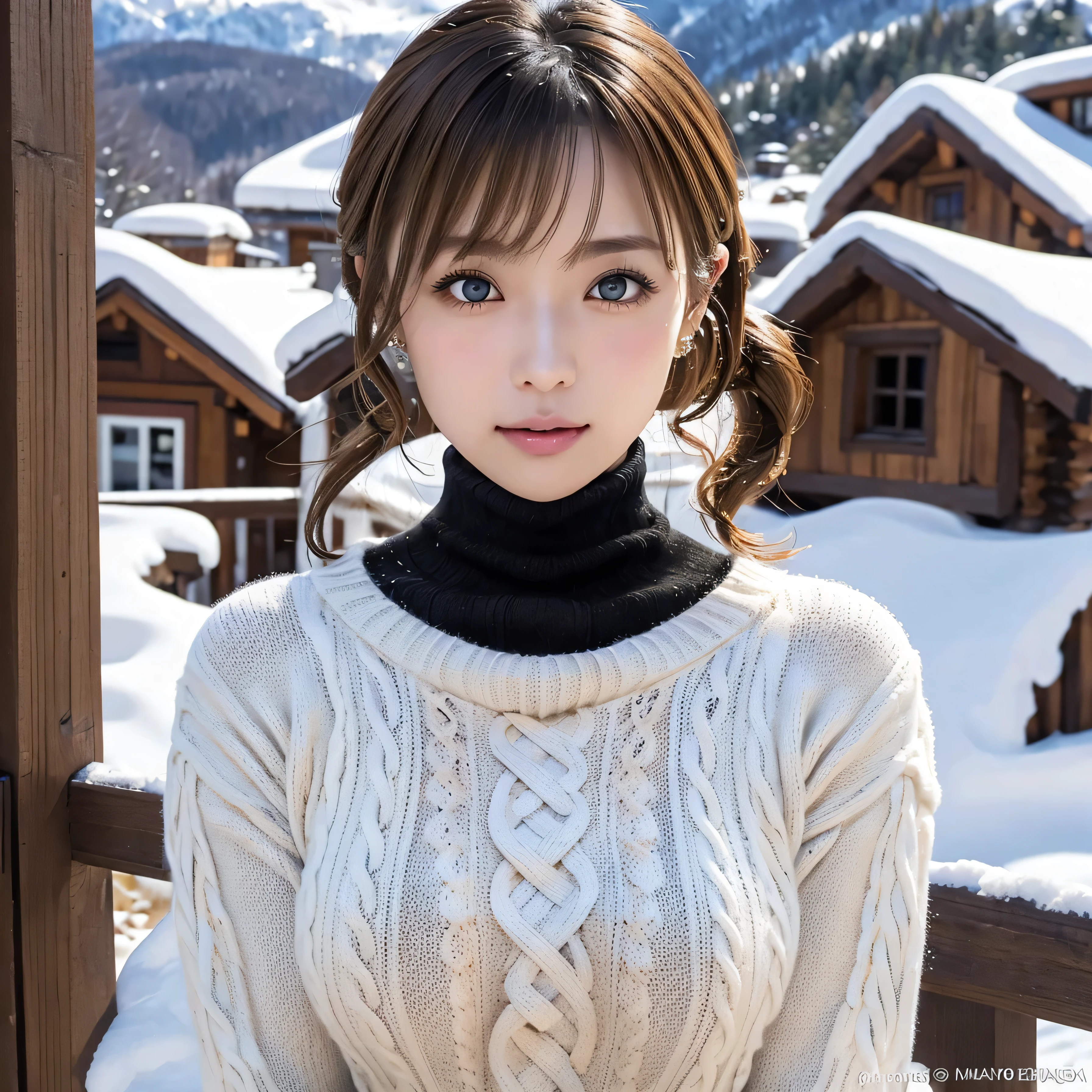 (table top:1.4, Photorealistic:1.4, 8k), Highest quality, masterpiece, Ultra High Definition, perfect dynamic composition, ((light brown hair:1.4、short hair right side ponytail))、high-definition skin and facial textures:1.3, limb details below, (( totally captivates you :0.9)), (Chest, big breasts), (beautiful eyes, black eyes , look towards the photo:0.85), sexy face:0.4, (closed her mouth、 small mouth、Thick lips、eyes that make you feel beautiful eroticism:0.85), (( Too Cute Beauty :0.9)),(('s full body)),((snowy mountain cottage background)),((turtleneck knit black))1 girl, solo,