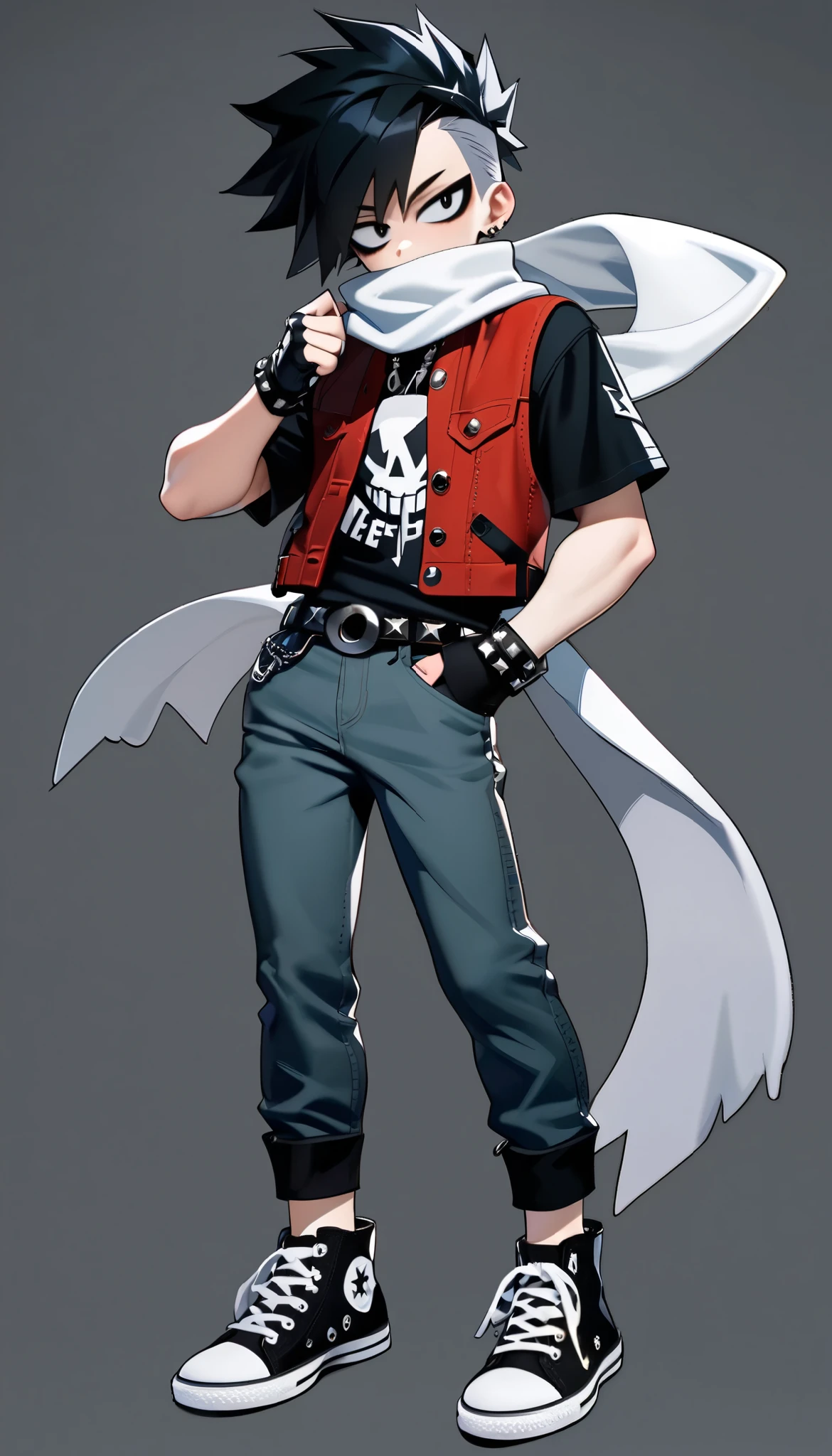 (My Hero Academia Style), (High Quality), 1boy, Young male, (Anthro), Emo hairstyle with left side bangs, black eyes, emo makeup, black hair, trimmed on the sides and back, White scarf with black around his neck, red denim vest, black t-shirt with metal band logo, Pale blue-grey jeans with folded sides, black studded belt, black studded fingerless gloves, Classic black and white converse sneakers, apathetic look, looking at the viewer, Perfect anatomy, perfect hands, perfect face, super detailed, simple background, (Full body photo:1.5),
