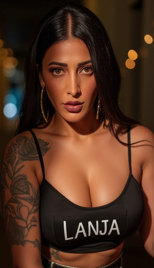 beautiful 50 year old armenian woman, slim, large breasts, wide hips, lustful, film grain, jewelry, tattoos, black dress, elegant, looking at viewer, wavy grey hair, perfect makeup, masterpiece