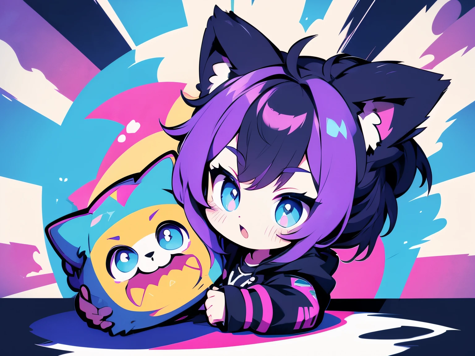 pop art, vibrant passion color style, Cool punk mix , girls on the left, Alone, holding a stuffed cat, cute expression , she's crazy about you .
