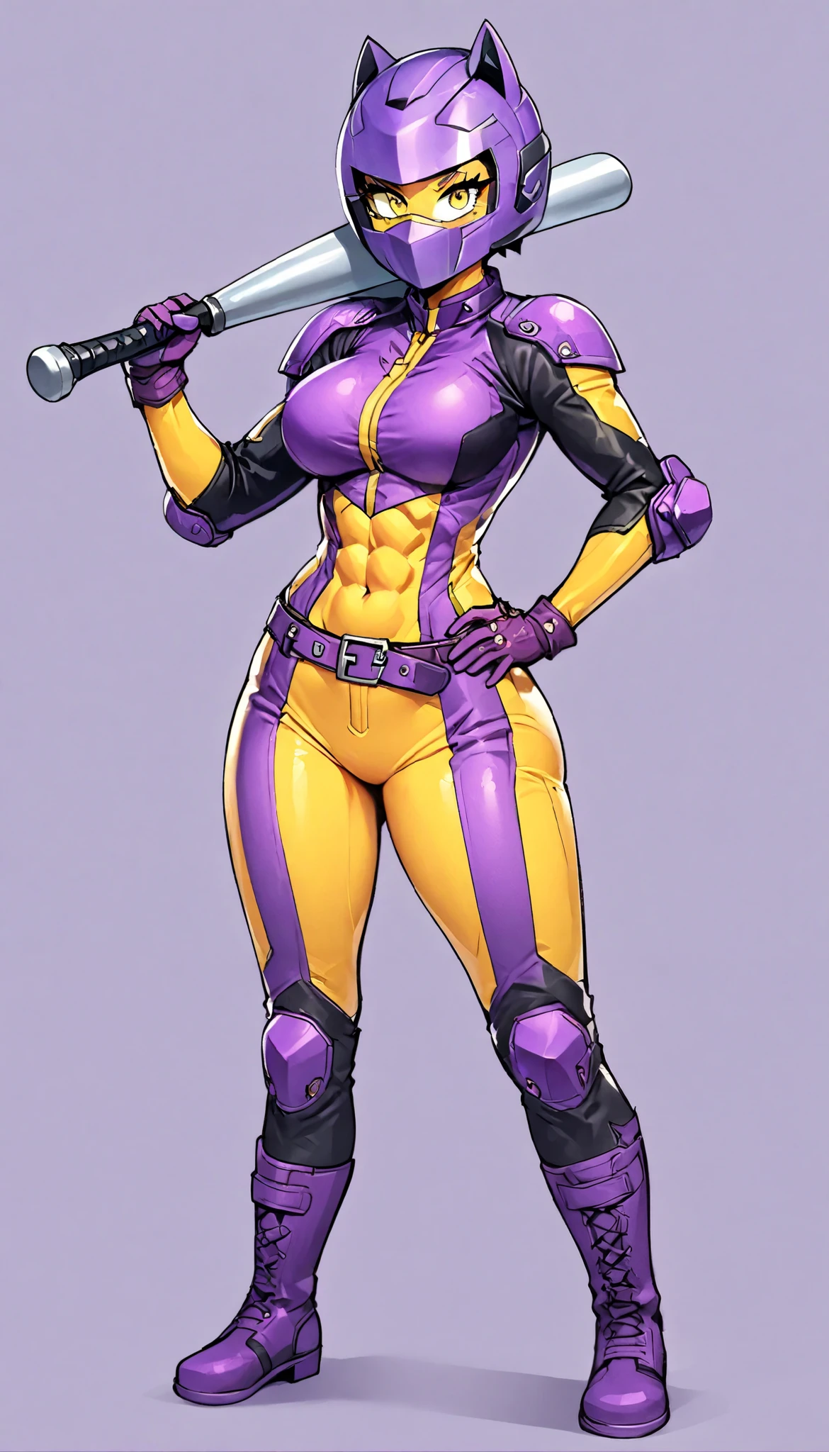 (My Hero Academia Style), (High Quality), 1girl, solo, Anthro, (cuerpo Atlético), (Yellow Asymmetric Full Body Motorcycle Suit with Purple Lines), (Purple motorcycle helmet with yellow eyewear), (Purple biker knee boots with yellow details), (Baseball bat in hand), (Purple metallic knee and elbow pads), (Purple asymmetrical belts on thighs and hips), (Purple asymmetrical belts on arms), (Purple studded gloves with yellow details), (purple shoulder pads), perfect hands, perfect anatomy, covered head, covered face, Wide hips, slim waist, wide thighs, medium breasts, wide calves, Abs, Neon purple lightning, simple background, hero pose, looking at viewer, full body photo:1.5,