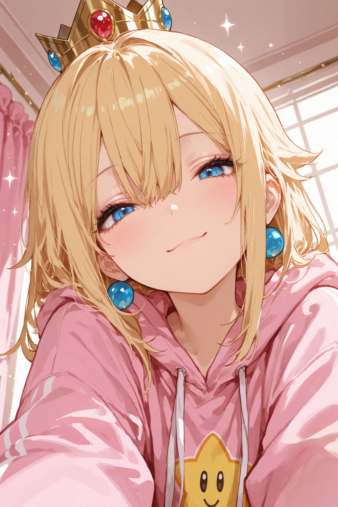 masterpiece, best quality, ultra-detailed,r17329_illu,usnr,luisap, General,1girl\(princess peach\), close-up shot, dynamic pose, slightly low angle, winking with a cheerful smile, Kawaii style, Cel Shading, Bloom Effect, Starburst Effects, ultra-detailed, high resolution, vivid colors, cinematic lighting