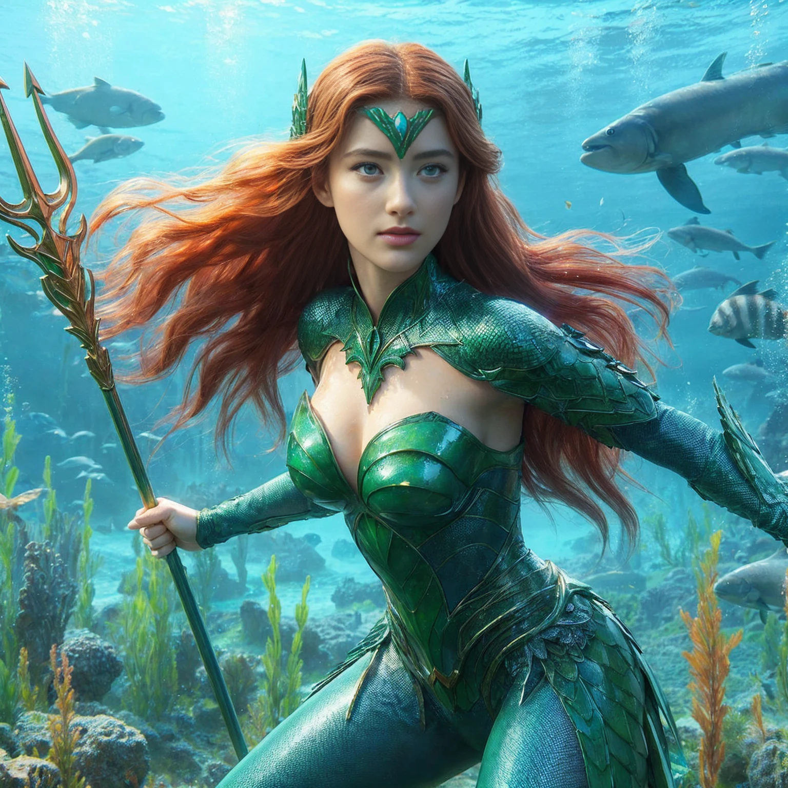 fullbody Photography of the character Queen Mera from "Aquaman," engaged in a thrilling underwater battle that unfolds in a panoramic view. lotus pose, set against the backdrop of the vast and immersive underwater world. The oceanic environment is teeming with life, from colorful coral reefs to exotic sea creatures, creating a visually stunning and action-packed tableau. Mera's striking red hair flows gracefully around her as . The panoramic shot immerses viewers in the excitement and intensity of the underwater conflict, showcasing the beauty and danger of the sea.