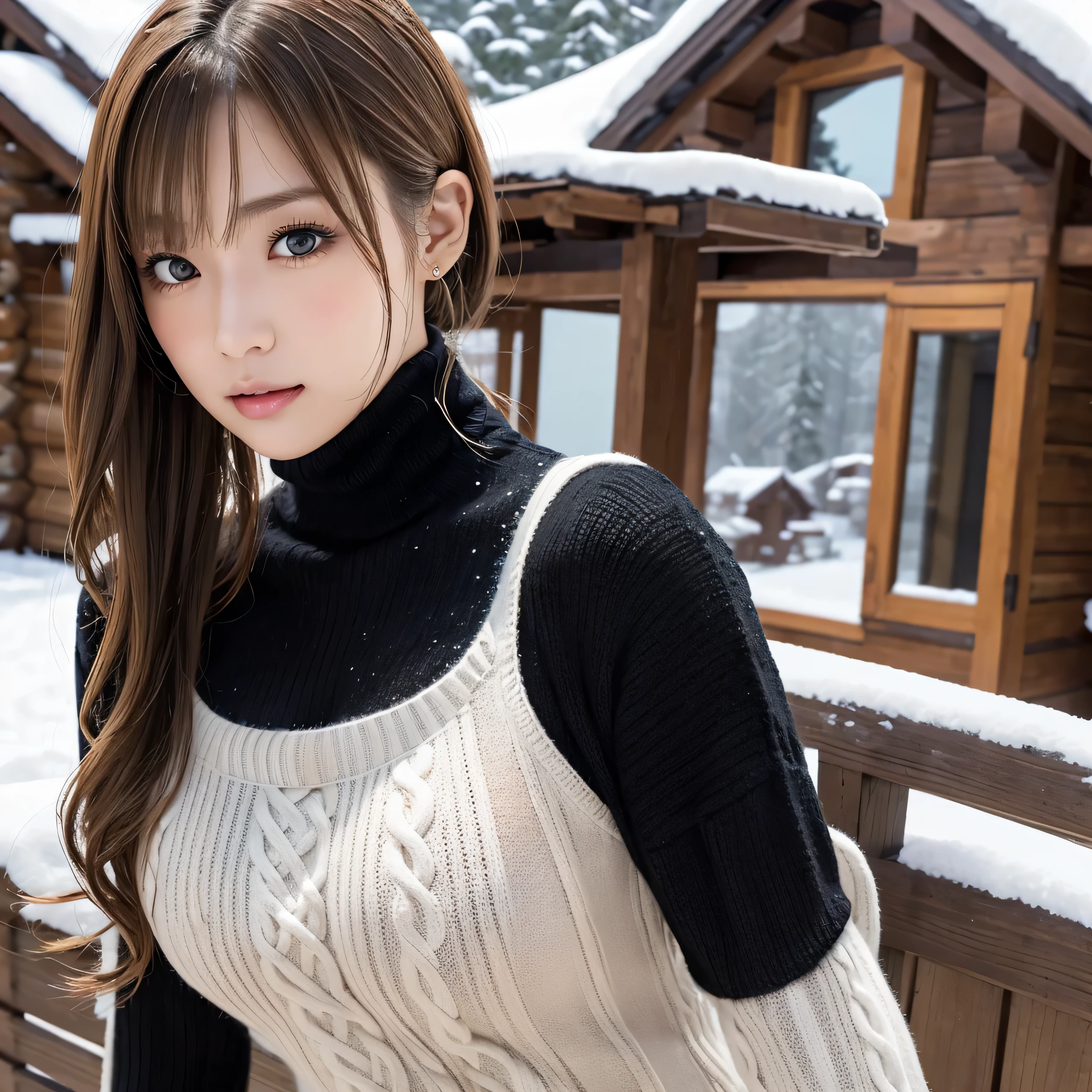 (table top:1.4, Photorealistic:1.4, 8k), Highest quality, masterpiece, Ultra High Definition, perfect dynamic composition, ((light brown hair:1.4、short hair right side ponytail))、high-definition skin and facial textures:1.3, limb details below, (( totally captivates you :0.9)), (Chest, big breasts), (beautiful eyes, black eyes , beautiful erotic eyes:0.85), sexy face:0.4, (closed her mouth、 small mouth、Thick lips、eyes that make you feel beautiful eroticism:0.85), (( Too Cute Beauty :0.9)),(('s full body)),((snowy mountain cottage background)),((turtleneck knit black))1 girl, solo,