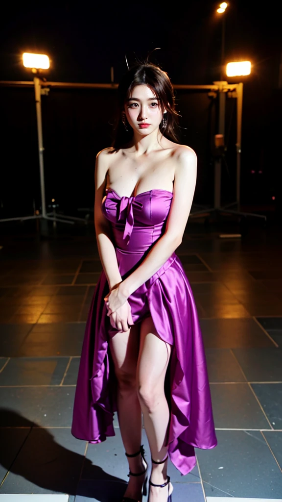 1 girl, (fullbody:1.3), 20-year-old female with a fresh and confident aura, elegant dress that complements her professional demeanor, she is depicted wearing a chic pair of high heels and pantyhose to complete the ensemble, Illustrate her donning a short bob hairstyle with a perm, exhibiting a soft and voluminous texture, Apply a base hair color of deep black, with a layer of royal purple highlights that shimmer subtly, Pose her in a manner where she gazes confidently towards the camera, Use a slightly elevated perspective to capture her entire figure, with a slight camera lens effect, Incorporate a lens effect that subtly blurs the surroundings, drawing focus to her, The illustration should emanate a seamless blend of youthful charm and professional poise