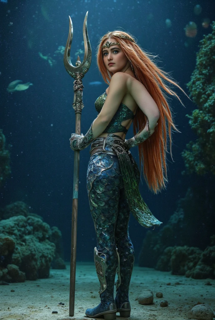 mulher ruiva com roupa de sereia, andando para frente com uma roupa cheia de detalhes, colar dourado, coroa e acessorios dourados
