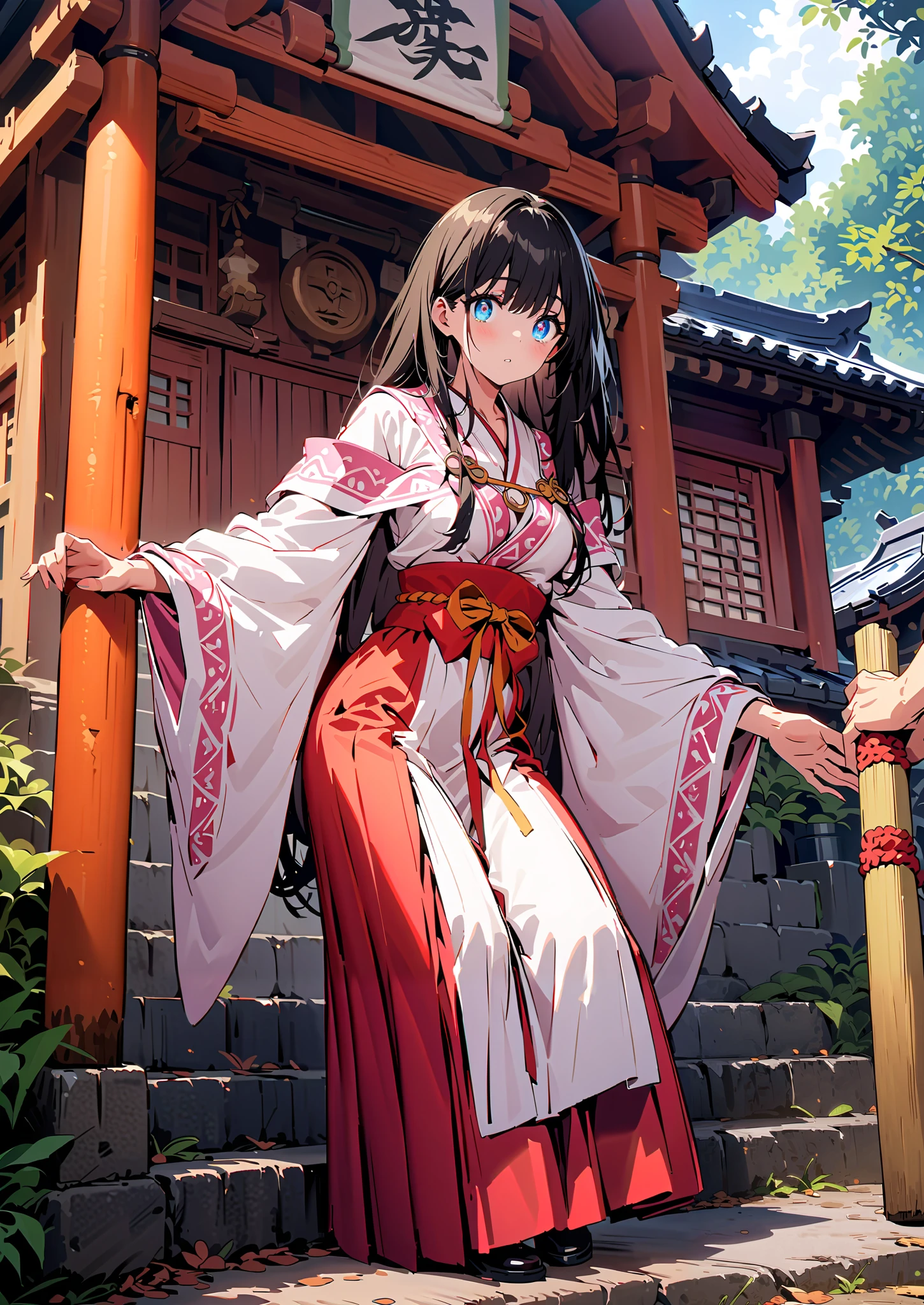 It's because of Rikkata, black hair, blue eyes, long hair, Orange Scrunch , scrunchie , List Scrunch, shrine maiden costume, white kimono ,Red Hakama,I'm cleaning the stairs with a bamboo broom with both hands,noon,full bodyがillustrationsに入るように, break outdoors, shrine,
break looking at viewer,full body,
break (masterpiece:1.2), Highest quality, High Resolution, Unity 8K Wallpaper , (illustrations:0.8), (beautiful detailed eyes:1.6), Highly detailed faces, perfect lighting , extremely detailed CG, (perfect hand, perfect anatomy),