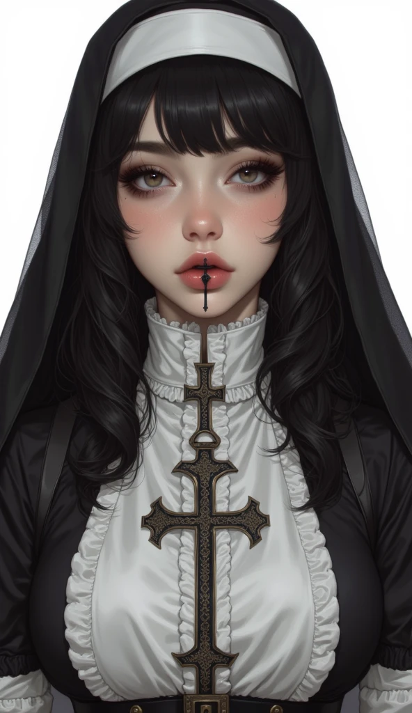 This is a highly detailed, digital illustration of a young woman in a provocative nun costume, created in a hyper-realistic, photorealistic style. The subject is a fair-skinned woman with a pale complexion, long, wavy black hair peeking out from beneath a black and white nun's habit. She has striking, almond-shaped eyes with a piercing red hue, and full, pouty lips painted a soft pink. Her makeup is dramatic, with heavy eyeliner and mascara, and her cheeks are flushed with a rosy blush.
She wears a white, lace-trimmed, black leather corset that accentuates her large breasts, which are prominently displayed. The corset is adorned with intricate lace details and features a large, ornate cross pendant on a chain around her neck. A white headscarf, adorned with a black cross, covers her head but does not completely hide her hair.
