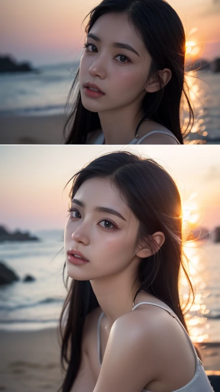 Highest quality, figure, Very detailed, In detail, High resolution, 8k wallpaper, Perfect dynamic composition, Beautiful attention to detail, Wear a dress, Natural color lip,Beach, ランダムでcuteポーズ, Kissing Face,close your eyes,Face Kiss Viewer,Perfect and beautiful face,cute,Sexy Face,sunset,Ecstatic face,Feminine face,Expression of excitement and climax during sex