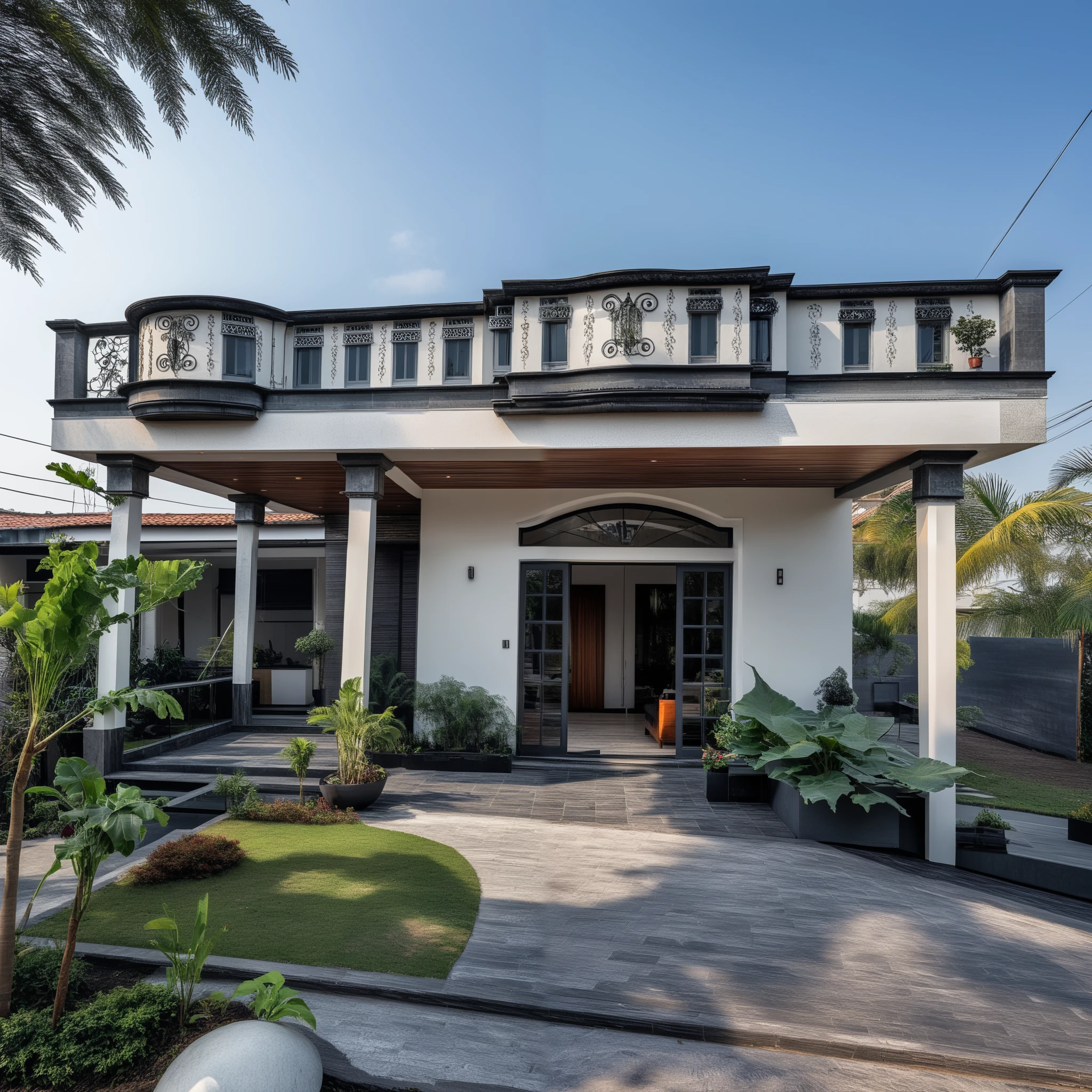 (masterpiece:1.2), best quality, photo of A two-story modern house with white walls and dark tiles on the roof, tree and plant, streetcapes, natural light, The exterior of an elegant single family home features large windows, a dark gray door frame.