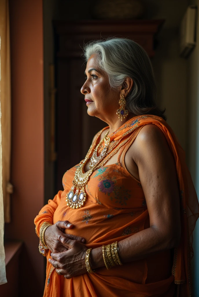 Ominous Presence: Anjali stands frozen, flashlight beam from her phone illuminating a dusty armchair in the distance. A faint, transparent figure of an old woman with a menacing scowl sits on the chair, her form merging with the shadows.