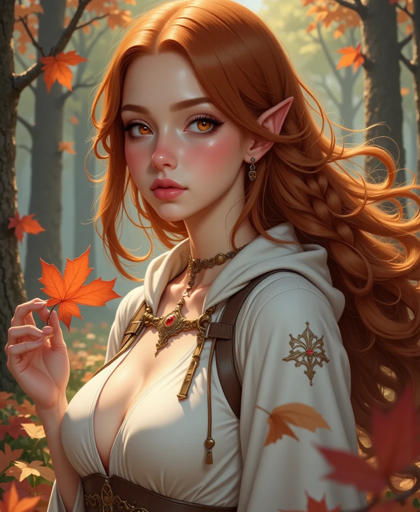 score_9, score_8_up, score_7_up, (masterpiece, UHD, 8K, 16K, ultra detailed), sfw, upperbody shot, 1girl, elf, orange eyes, one side braided hair, ginger hair, holding a red leaf, white dress with hood, intricate details, (murmuring leaves), (wind:1.2), (medieval fantasy), autumn forest background, (depth of field), bokeh, diffused light, dramatic ambient