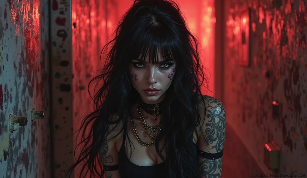 magra horror punk (cabelo moicano) in a graveyard, night, red neon lights
crooked graves, deserted, night,
fishnets, bondage straps.
shadows, desolate, sad
red light, red ray tracing, red glow