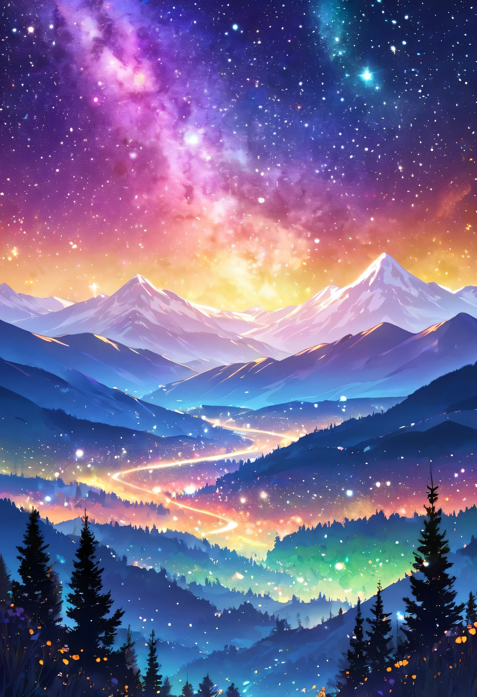 A colorful and sparkling starry sky landscape