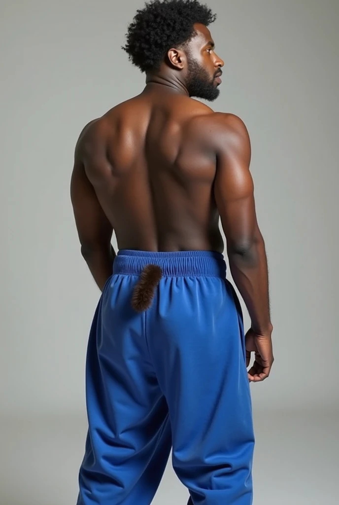 a huge muscular naked bearded black man with a tiny waist, bodybuilder wearing a blue thong, with an outrageous blue mohican haircut, standing side view at a 90 degree angle to the viewer, with hands clasped behind his back, head turned towards the viewer, full body image, seen from a low angle
