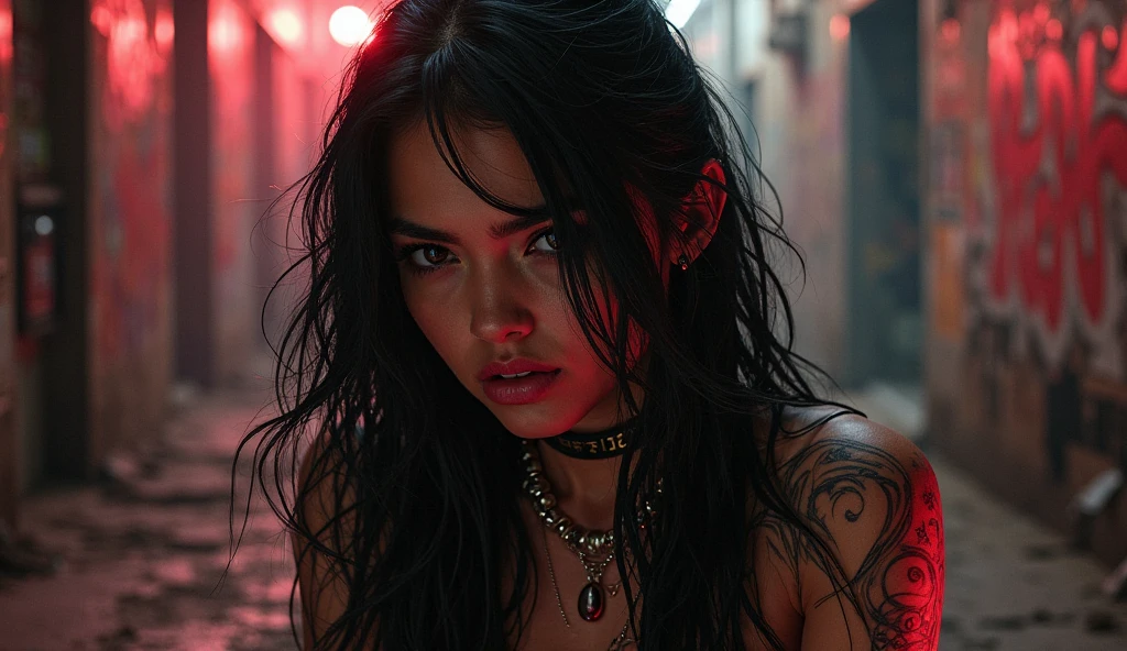 (((close-up shot))), (((nighttime))), (((dark tones))), (((black filter))), (dark outside), Luis Royo-style illustration of a beautiful striking figure, (((slim frame that exudes confidence and resilience))), intricate full sleeve tattoo, (tetradic color combination), 32k resolution, best quality, gaze into the camera, white light. giving a blowjob
