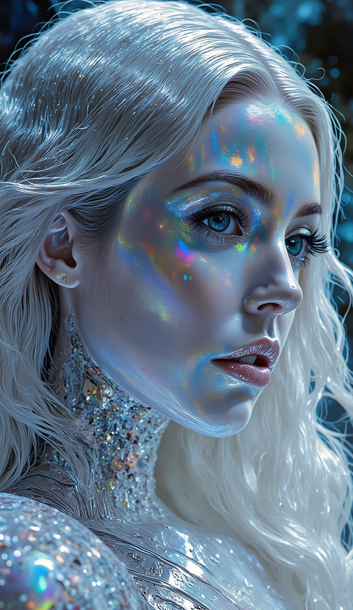 __hr_giger_art___flowing_contours biomechaical__ _strange__eerie__fashion_magazine_cover_ __porcelain_and_platinum / A futuristic looking woman with porcelain skin / beautiful flowing long hair. Creativity and Unnatural Concepts,iridescent, glimmering