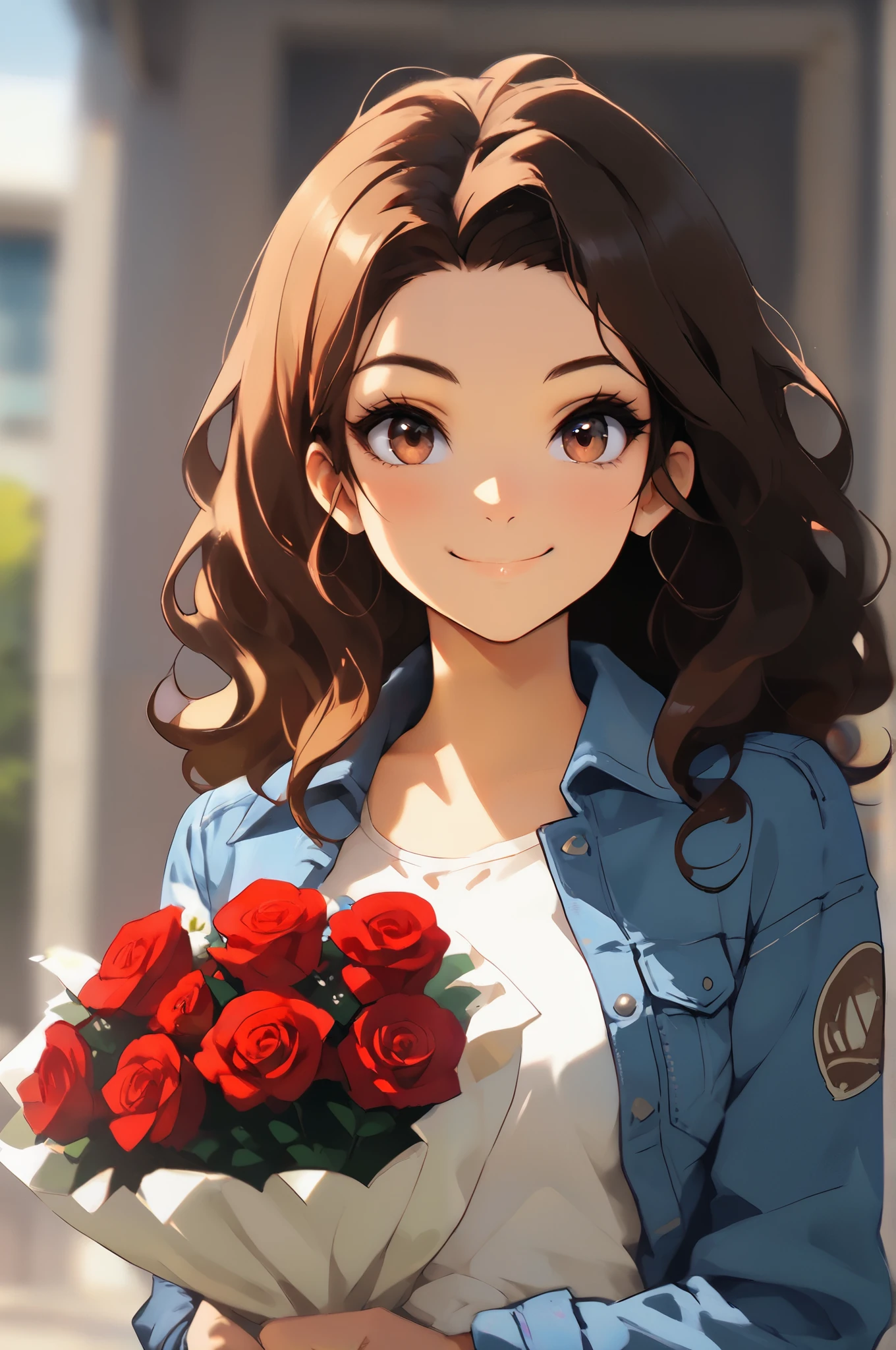Masterpiece, Best Quality, UHD, happy Smile, 1girl, solo, Brown Hair, Wavy Hair, Hazel Eyes, Anime Style, Victoria justice wearing a denim jacket and holding a bouquet of roses, Depth Of Field, Social Realism, instagram pose, white tanktop