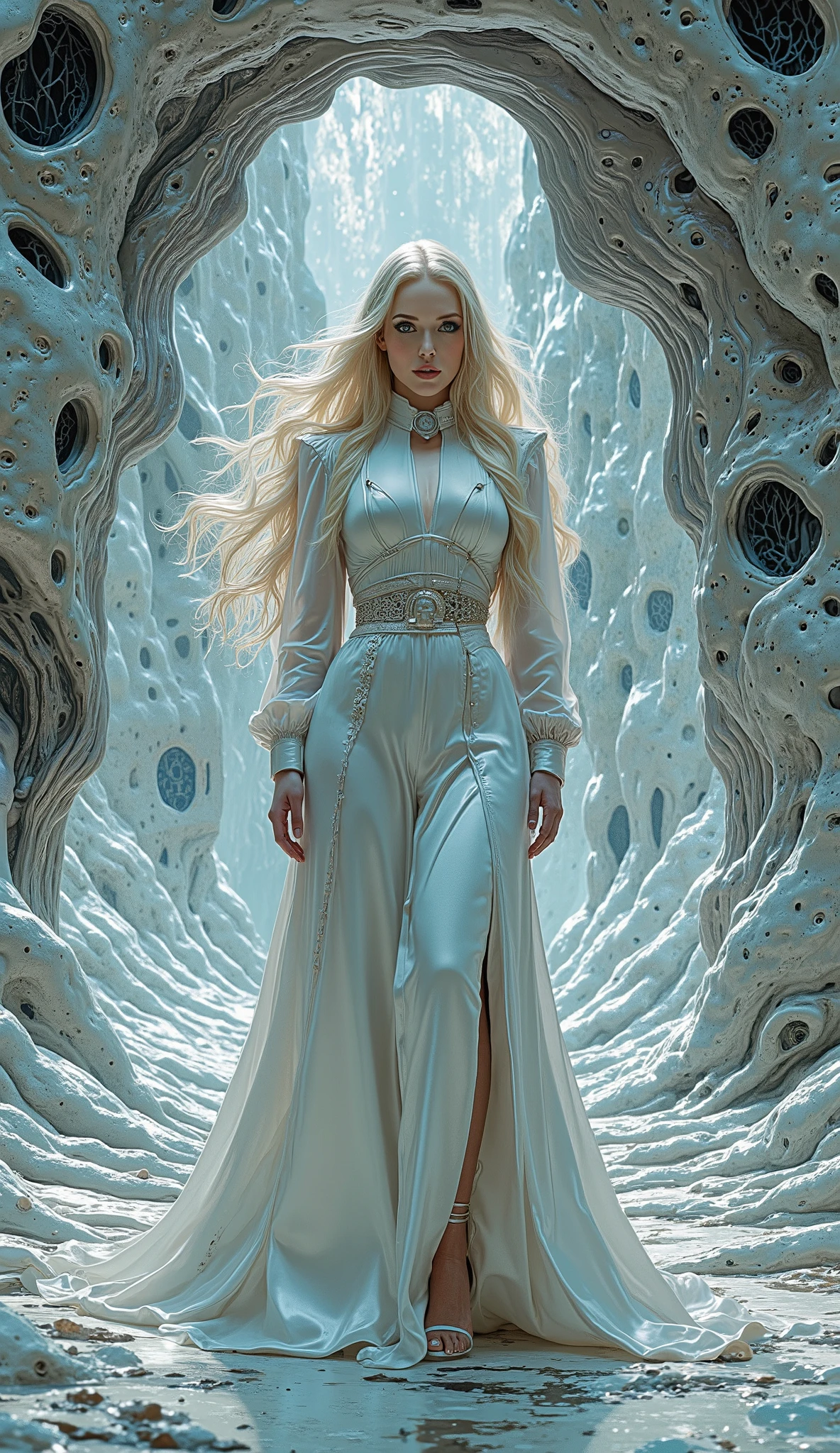 __hr_giger_art___flowing_contours biomechaical__ _strange__eerie__fashion_magazine_cover__art_deco_border___porcelain_and_platinum / A futuristic looking woman with porcelain skin / long hair