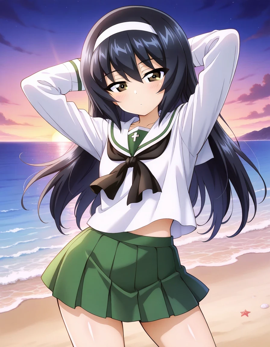 reizei mako, long hair, black hair, white hairband, brown eyes
ooarai school uniform,white sailor collar,black neckerchief,white shirt,long sleeves,green skirt, shiny skin, solo, night sky, beach, hands behind head, ((contrapposto)), closed mouth, (cowboy shot), looking at viewer, expressionless, shy, best quality,