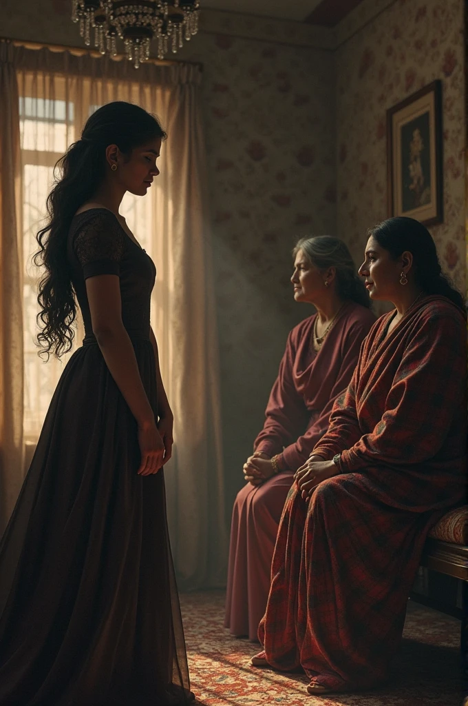 1000 year old, Image of beautiful, mid age, powerful,  rich , Ambitious, indian queen , sitting in room in front og mirror , talking to her very old in age And very poor wicked female maid wering black saree, long hair. Not that intimate, maid is Posioning the queen with words. Queen is in anger. No jewellery with female maid, maid standing in prostration 