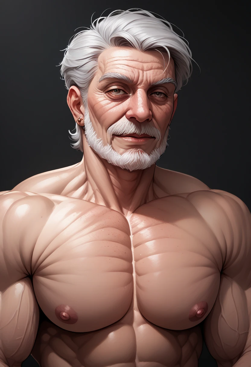 (masterpiece, intricately detailed, highest resolution, best quality:1.2),a cocky Indian pajet, a 80 y.o muscle dad with a muscular physique sitting on a chair completely naked with black eyes,dark-skinned male, bald head, huge beard, mutton- chops,flaccid penis,saggy balls,hairy chest,vascular,muscle striations,soft light,fantastic realism,