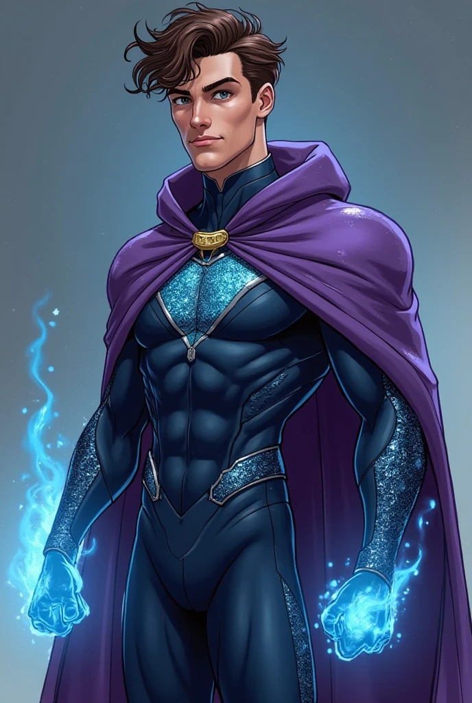 age: ,
eye color: hazel
gender: male
height: 4'8
weight 55kg
hair color: brunette
hairstyle: short undercut curly
sexuality: gay
hero outfit: wears tattered purple shoulder button hooded cape, and a dark blue with a sequin space design running the lengths of his sides and his arms and blue glowing misty hands.
DC animation style