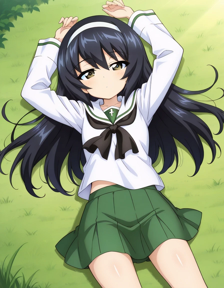 reizei mako, long hair, black hair, white hairband, brown eyes
ooarai school uniform,white sailor collar,black neckerchief,white shirt,long sleeves,green skirt, shiny skin, high quality, solo, lying, on back, arms up, legs apart, closed mouth, on grass, from above, looking at viewer, long shot, expressionless, best quality