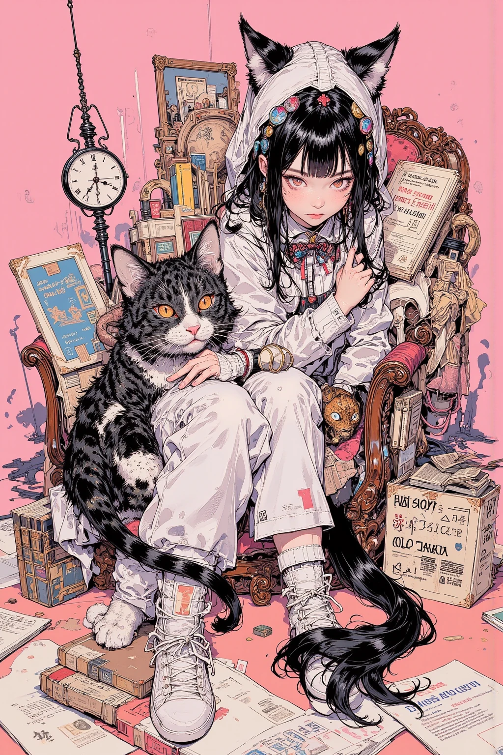  Unrealistic Illustration ,Spiritual Art of a Girl Wearing a Cat Costume,Girl sitting in the living room ,cat's hairy tail,  Unreal Magical Living Room  ,Hairy Cat Ears ,  Cat Costume  , Expressing the anthropomorphic character of an animal cat ,  Animal Cat I'm drawing an anthropomorphic character ,自分をリネコと思い込む女の子のシュールでカラフルな幻想  pop art ,Very Long Cat Tail,  Surreal Collage ,a contemporary artistic コラージュ,collage art work, New Album Jacket,Great Job!!, digital collage ,collage art , contemporary collage,mixed media collage , high image quality , surreal style ,Asymmetric,Visualizing the Inner World of Crazy Minds,Detailed Details, Hidden Details ,Radical Japanese Anime,  dmt Death of Ego  , Psychedelic and Pop Mix ,  Handwritten Drawing Style Illustration  , graffiti , painted on a pink background,  pop art ,Sickly cute,Luxurious Fabrics  ,  full color illustration  , cute detailed artwork  ,   Handwritten anime style  , anatomically accurate, Unreal Magical Living Room , cake, fluffy,clock,books, lantern,gem,whimsical art