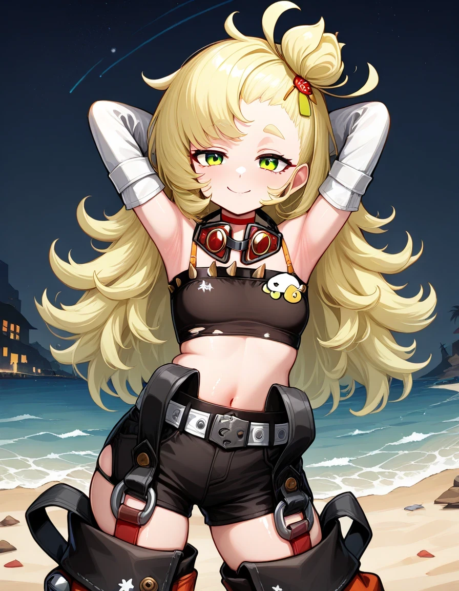 long hair, messy hair, blonde hair, green eyes, topknot, hair ornament, detached sleeves, orange gloves, tube top, Goggles Around Neck, shorts, chaps, Detached Leggings, strap, high quality, solo, shiny skin, night sky, beach, arms behind head, (contrapposto), closed mouth, smile, cowboy shot, looking at viewer, best quality