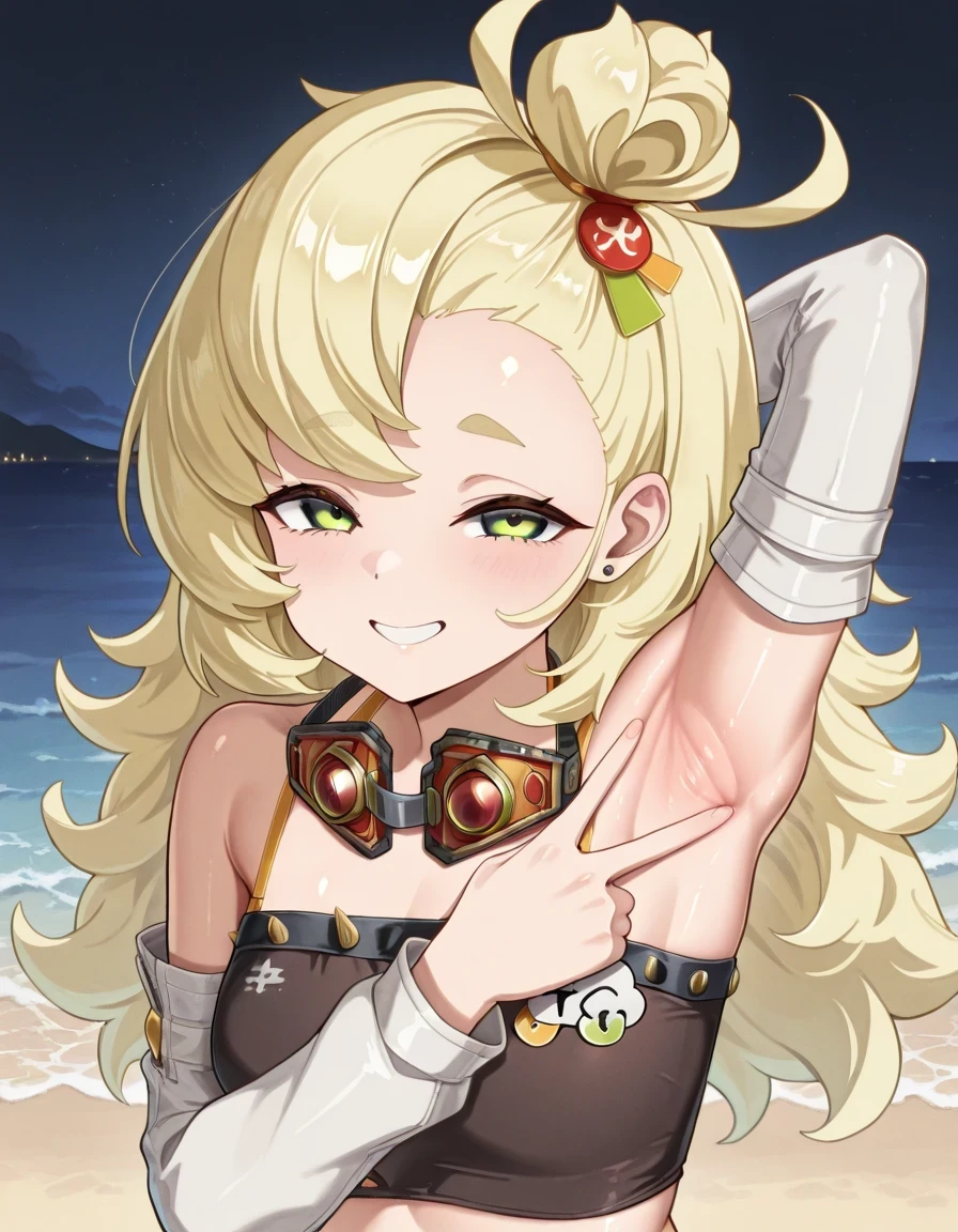 long hair, messy hair, blonde hair, green eyes, topknot, hair ornament, detached sleeves, tube top, Goggles Around Neck, high quality, solo, shiny skin, night sky, beach, v, spread armpit, presenting armpit, (contrapposto), closed mouth, grin, upper body, looking at viewer, best quality
