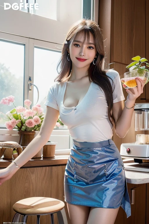 (Best quality, 8k, 32k, Masterpiece, UHD:1.2), (realistic:1.5), (masterpiece, Extremely detailed CG unity 8k wallpaper, best quality, highres:1.2), (ultra detailed, UHD:1.2), hyper sharp focus, Photo of extremely cute and beautiful Korean woman, (Korean idol face:1.3), (mahogany long wavy hair:1.2), adult, (detailed beautiful girl:1.4), best quality, woman, adult, (Beer shop:1.2), sexy pose, looking at viewer, facing the viewer, ((perfect female body)), (narrow waist:1.05), (cowboy shot), slender, abs, face ring light, face light, detailed human body, (sexy green and white shirt), (Promotion Girl)