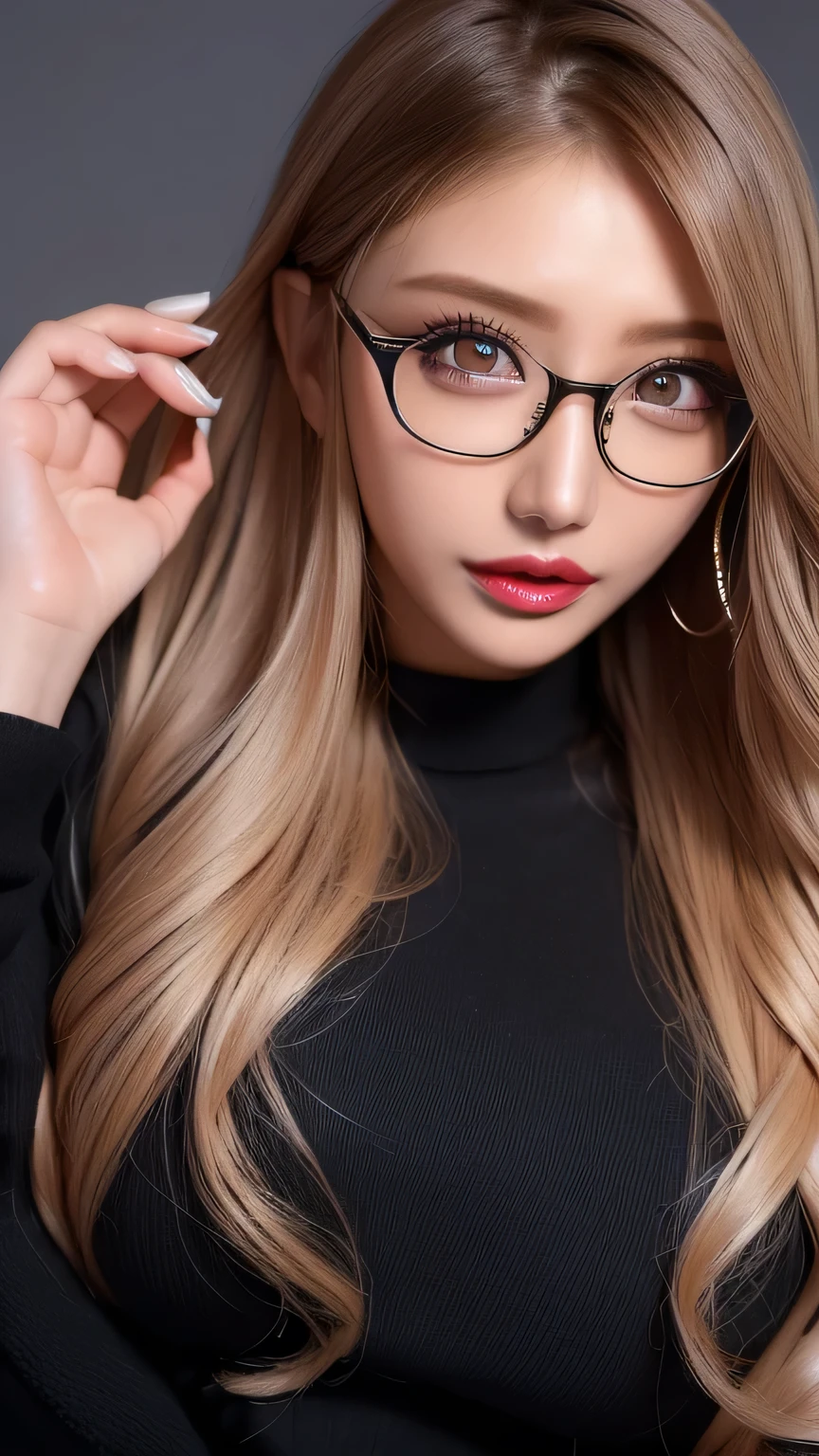 (Super nothing , Masterpiece, anatomically correct, textured skin, super detailed, highest quality, 8k, black rimmed glasses, Glasses fetish, front light :1.2, perfect dynamic composition), (24 years old, 1 person, Cute and sexy tutor, G-cup big breasts, sexy face, gal makeup, 、 Half open sexy lips 、 beautiful woman、( Black sweater , Sexy cleavage:1.1)、Perfect big breasts、( blonde alone :1.1)、 beautiful skin that shines with bright, Glossy lipstick 、 Sexy Lips in Duck Mouth 、 half open duck mouth lips、 a lot of people stand out with clear images 、 bright color contacts 、Perfect gal makeup、 Perfect for an adorable companion 、( Dark makeup for women :1.2)、( dark brown beige around the eyes :1.1)、 Beautiful Bright Eye Shadow 、 dark sexy makeup around the eyes 、(Big Breasts:1.2)、 super long wavy hair 、(Romantic affection:1.1)、 amazing adult sex appeal The best smile he has when he sees me 、( there are many people that accentuate body lines ..:1.1)、( strongly blurry 、 a 。:1.1)、( The image is clear 、 jacket :1.1)、 accurate anatomy、 ultra HD hair、( Super Nothing's Perfect Beautiful Teeth:1.1)、Ultra HD beautiful face 、 ultra HD hair、 crystal clear bang 、Ultra HD Shining Eyes、Shining Super Nothing's Beautiful Skin、 Super Nothing's Glossy Lips、 Harry Winston necklace