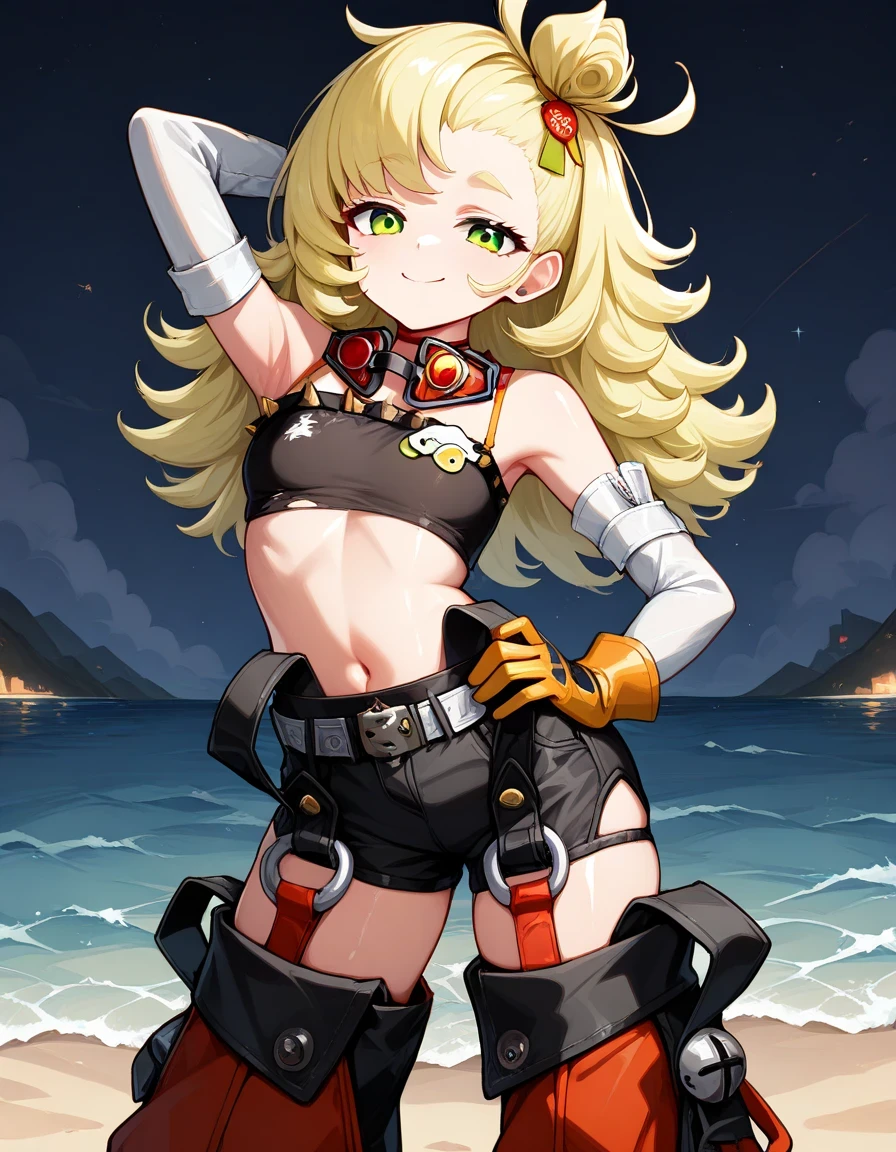 long hair, messy hair, blonde hair, green eyes, topknot, hair ornament, detached sleeves, orange gloves, tube top, Goggles Around Neck, shorts, chaps, Detached Leggings, strap, high quality, solo, shiny skin, night sky, beach, arm behind head, hand on hip, (contrapposto), closed mouth, smile, cowboy shot, looking at viewer, best quality