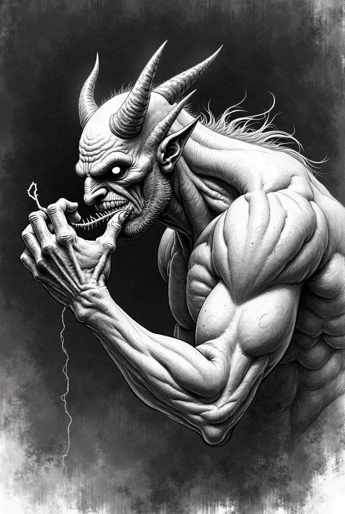 A tormented figure, half-submerged in an abyss of shadows, serves as the central focus of this striking image. The man's physical appearance undergoes a transformation of alarming proportions, with his skin darkening to an almost inky black hue. This metamorphosis is evident as razor-sharp claws sprout from his fingers, each tip gleaming menacingly.

His visage is twisted in agony, his eyes flaring with an intensity that suggests both rage and despair. A pair of grotesque, fiery horns protrude from his forehead, further accentuating his demonic metamorphosis. Simultaneously, the muscles