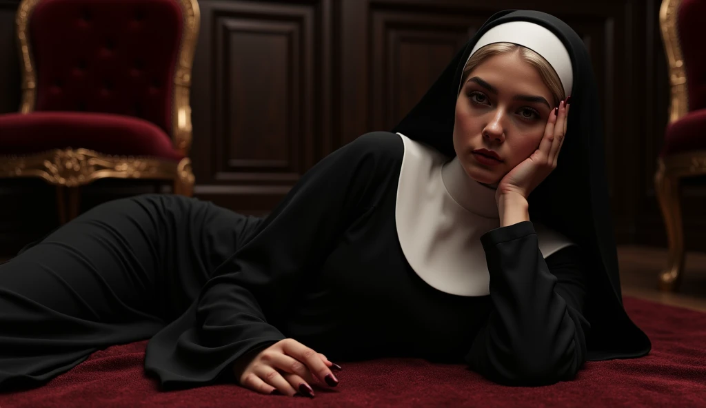 A nude nun, lying on the sofa, looks very enjoyable, horror style, looks depressing, high quality, ultra-detailed, crazy details, 4K